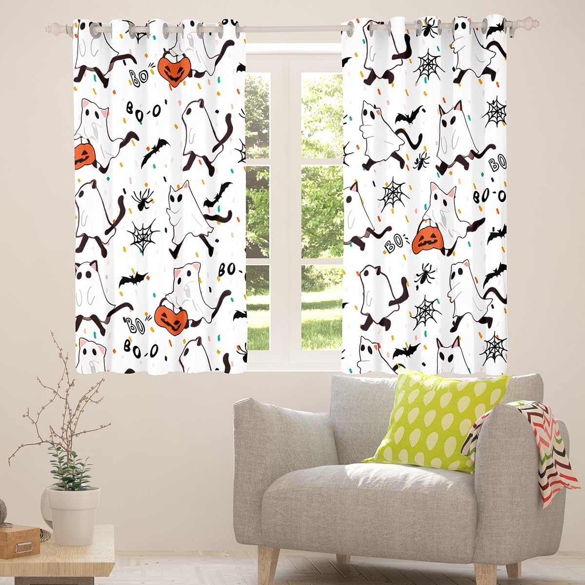 Manfei Cartoon Halloween Theme Window Curtain,Hamd Drawn Ghost Cat Animal Curtains for Kids Adult Room Decor,Window Treatment Curtain Cartoon Animal Rainbow Polka Dot Window Drapes,42Wx90L
