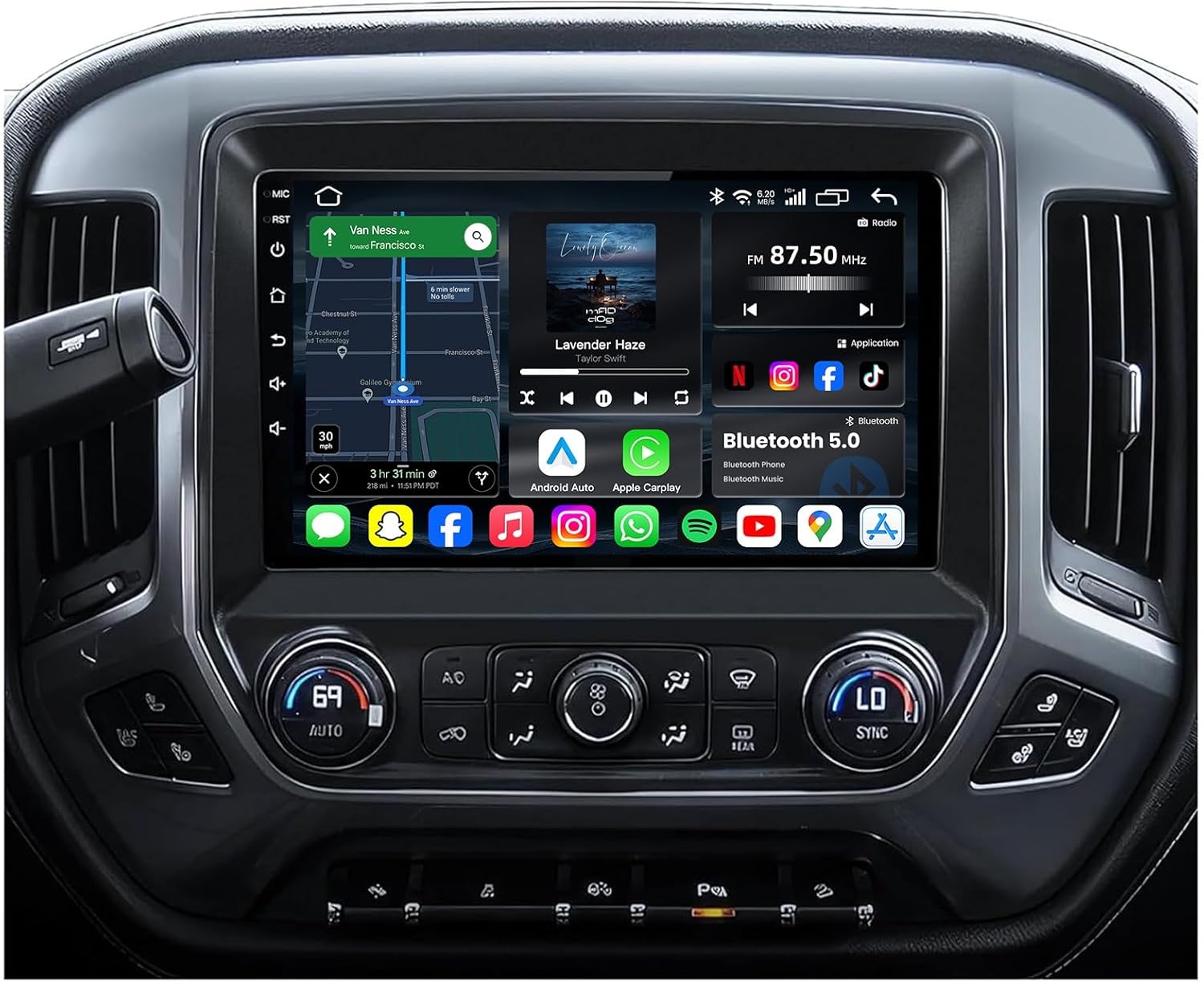 4Core+64G ROM Upgrade Car Radio for 2014-2018 Chevy Silverado: GMC Sierra with 10" 1280 * 800 IPS Touchscreen Wireless Carplay Andriod Auto, GPS Navigation, 5G WiFi, Bluetooth, Backup Camera FM SWC