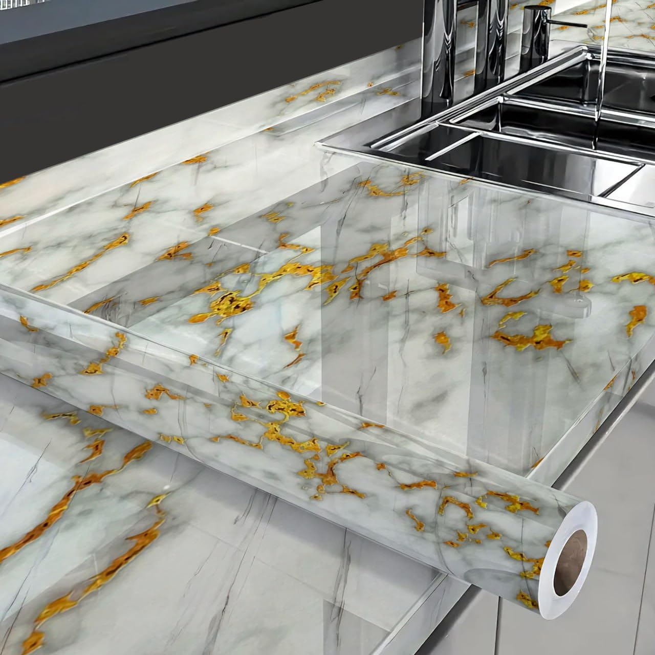 Sweezee Enterprise Wall Stickers DIY Vinyl Marble Wallpaper Peel and Stick Waterproof for Home Kitchen Countertop Cabinet Oil Proof (60x200cm) (Gold White)