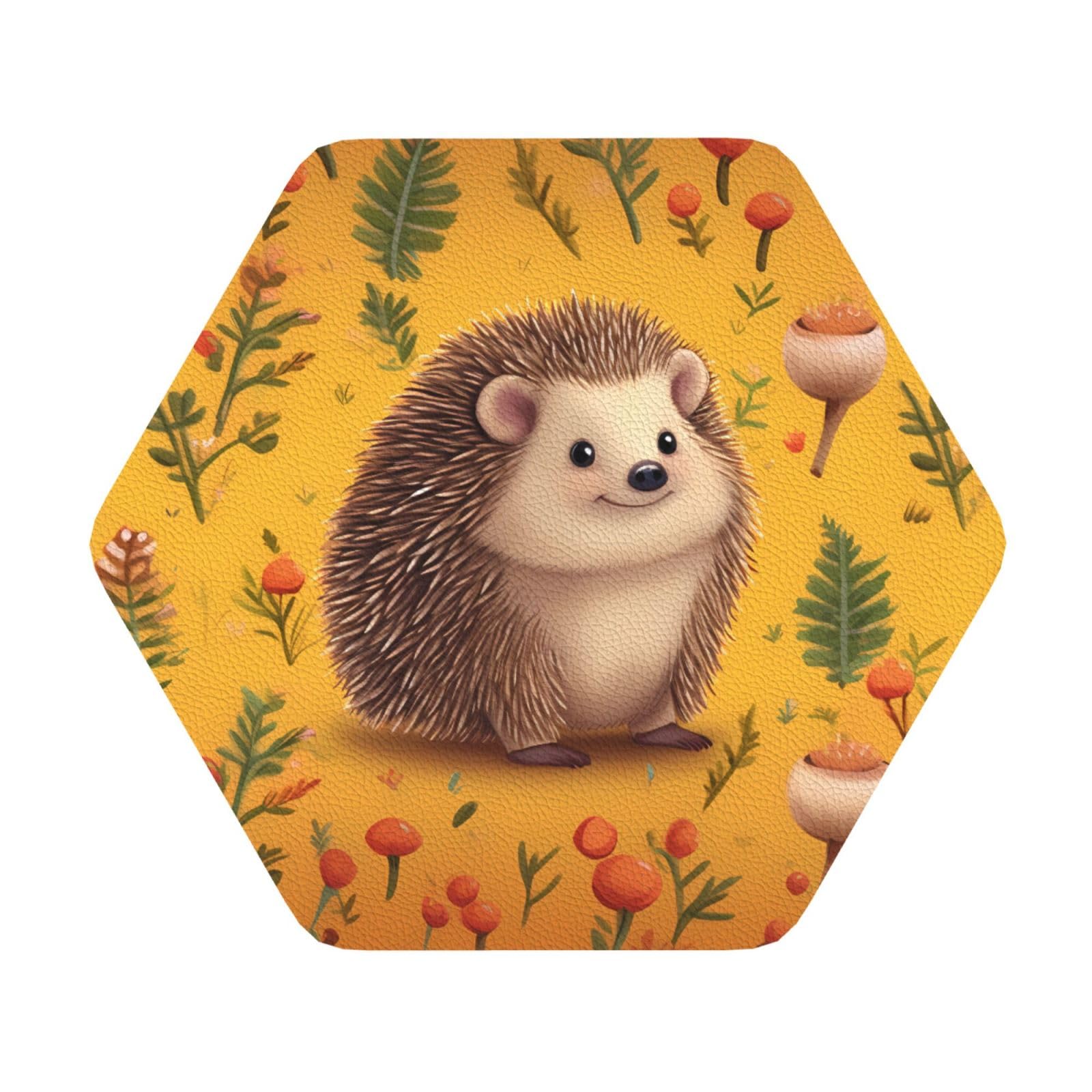Fodpand Hexagon Hedgehog Drink Coasters Set Of 4, Heat Resistant Leather Coasters Fuuny Bar Beer Beverage Coaster For Drinks, Absorbent Cup Mat For Tabletop Protection, Housewarming Gift