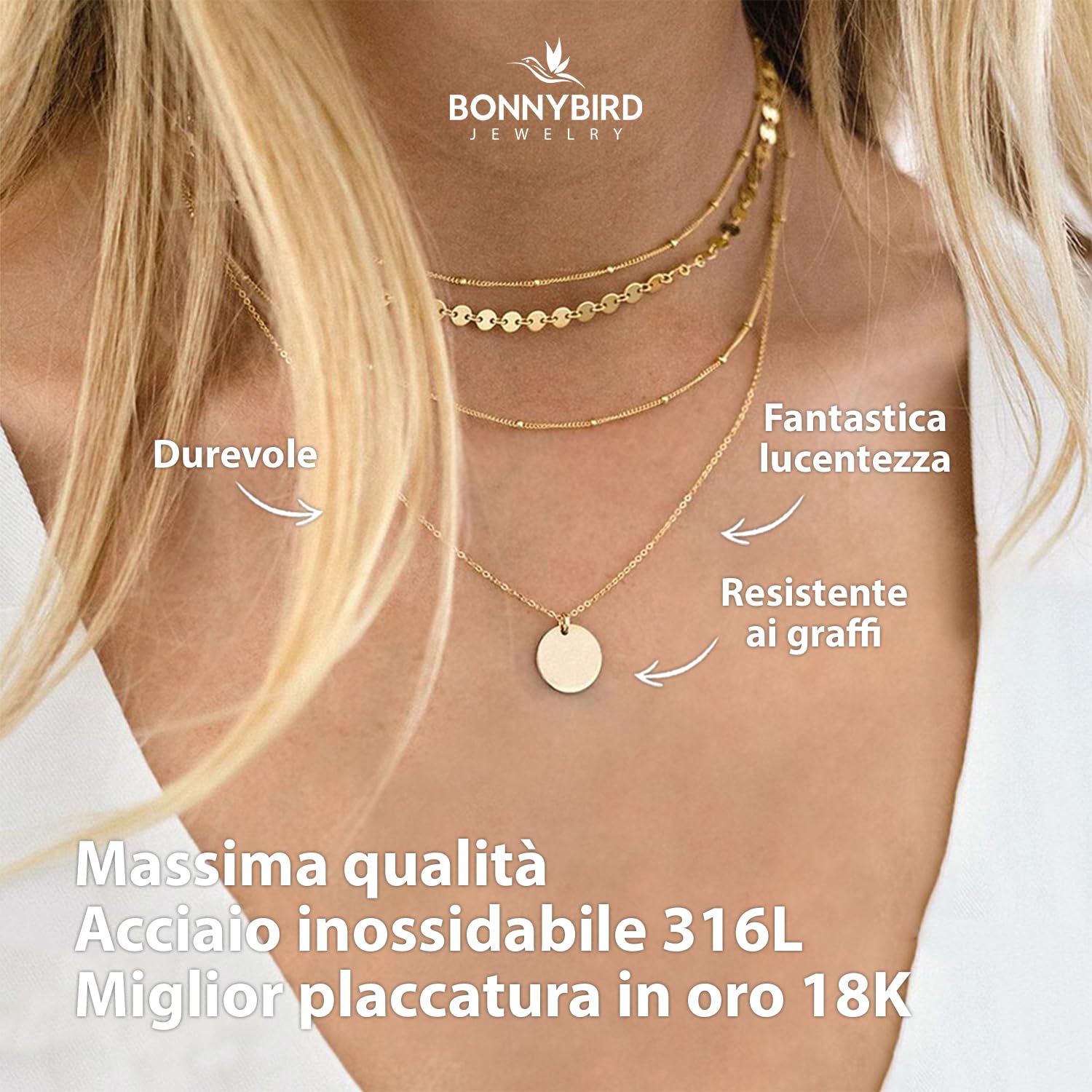 BONNYBIRD Collane Estive Donna Acciaio Inossidabile in Argento, Oro e Oro Rosa - 100% Impermeabile e Rispettoso Della Pelle (Senza Nichel)