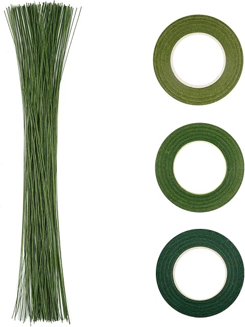 Ucatcher Floral Stem Wires with Tapes, 100 PCS 14 Inch 24 Gauge Dark Green Paper Wrapped Wire and 3 Rolls Green Floral Tape Arrangement Kit for Florist Flower Arrangements