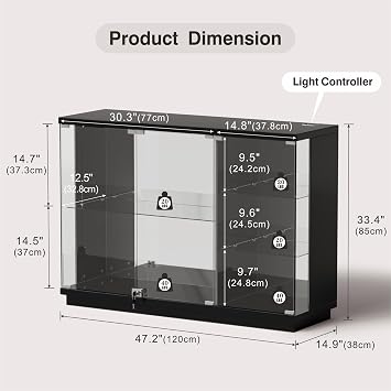 High Gloss Glass Display Cabinet with Lock & LED Light for Toys, Black | Curio Cabinet with Human Body Sensor & Glass Shelves, Display Case for Toys, Books, Collectibles, Sideboard for Living Room