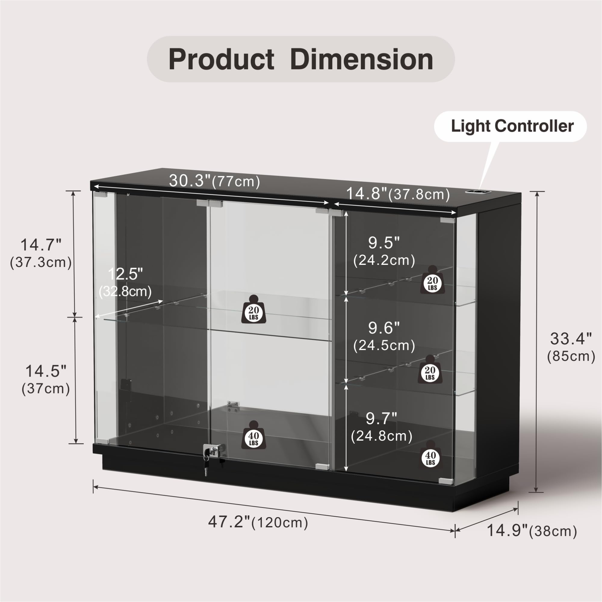 Lvifur Glasvitrine LED Beleuchtung und Glastüren,Glas Vitrinenschrank,Display Cabinet mit Intelligente Sensorik,3-Lagen Holz Vitrine Staubdicht für Wohnzimmer Schlafzimmer Büro,Schwarz