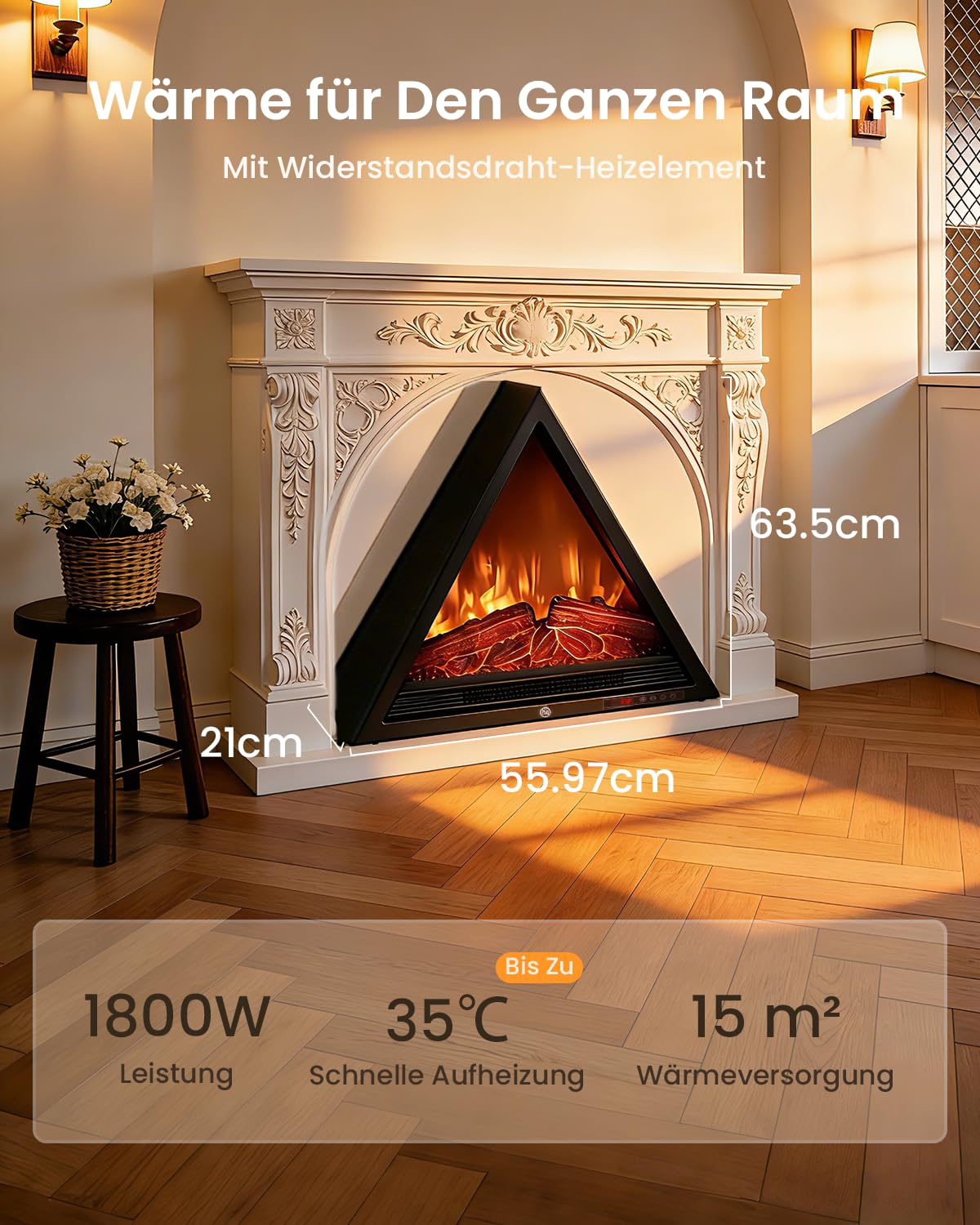 AIRMATE Camino Elettrico, 1800W Triangolare Caminetto Elettrico con Riscaldamento, Effetto Fiamma 3D, Camino Elettrico 4 colori di fiamma, Camino con telecomando, Stufa Elettrica 24H Timer