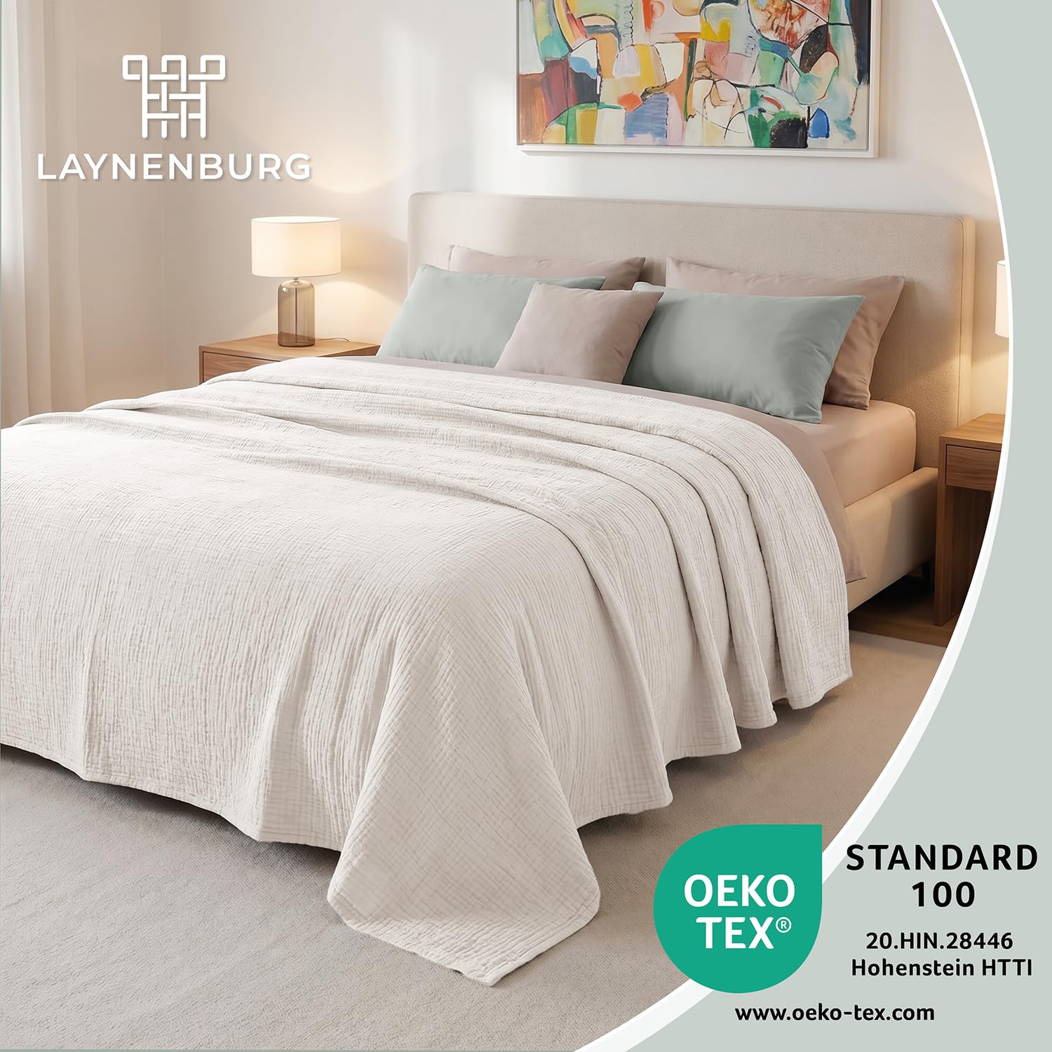 LAYNENBURG Premium Musselin Tagesdecke 180x220 cm - 100% Baumwolle - extraweiche Baumwolldecke als Kuscheldecke, Bett-Überwurf, Sofa-Überwurf, Couch-Überwurf - warme Sofa-Decke (Creme)