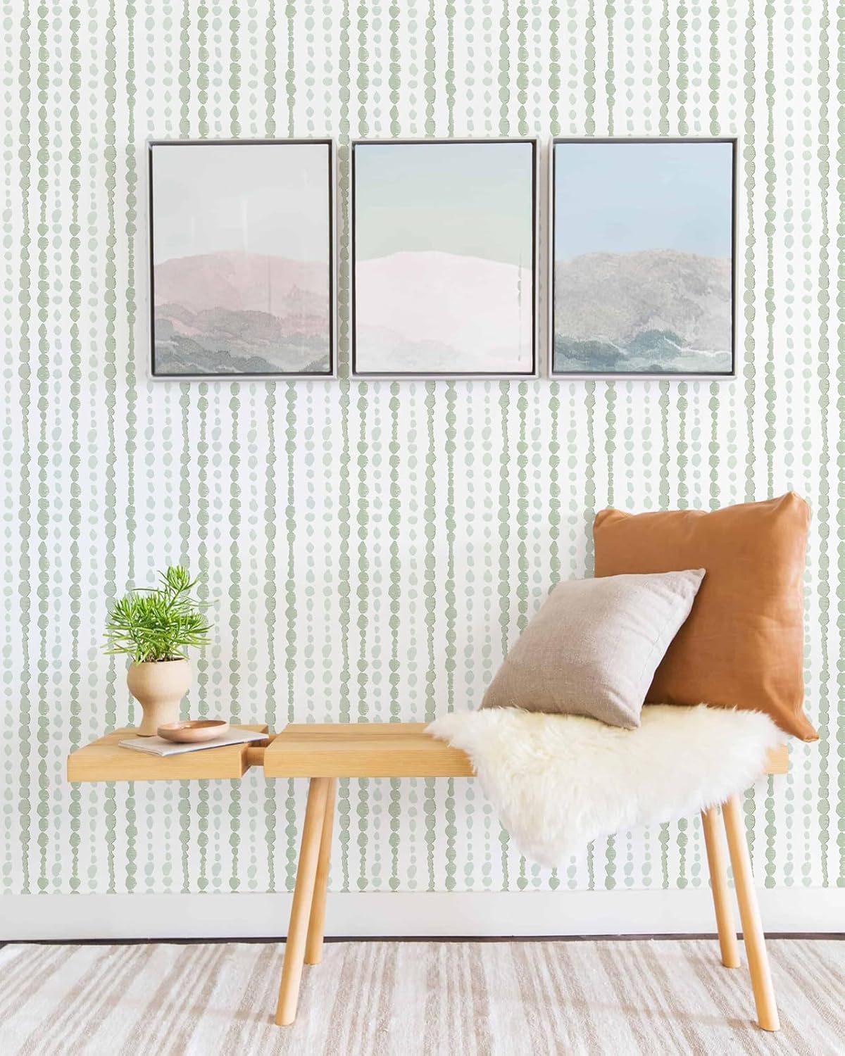 Naphite Green and White Peel and Stick Wallpaper Boho Contact Paper for Cabinet Drawer Striped Self Adhesive Removable Wallpaper for Bedroom Modern Dot Nursery Kid Waterproof Shelf Liner17.3inW78.7inL