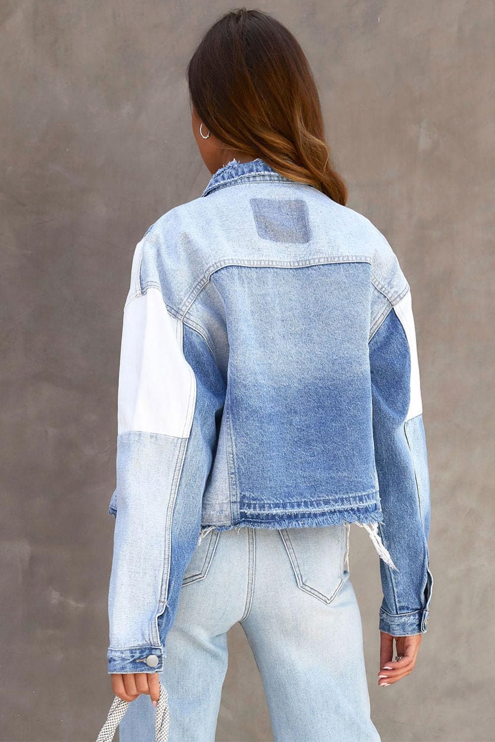 Irsutey Women Denim Jean Jacket Long Sleeve Cropped Jean Jackets Classic Button Down Patchwork Shacket Coat Trucker Jackets