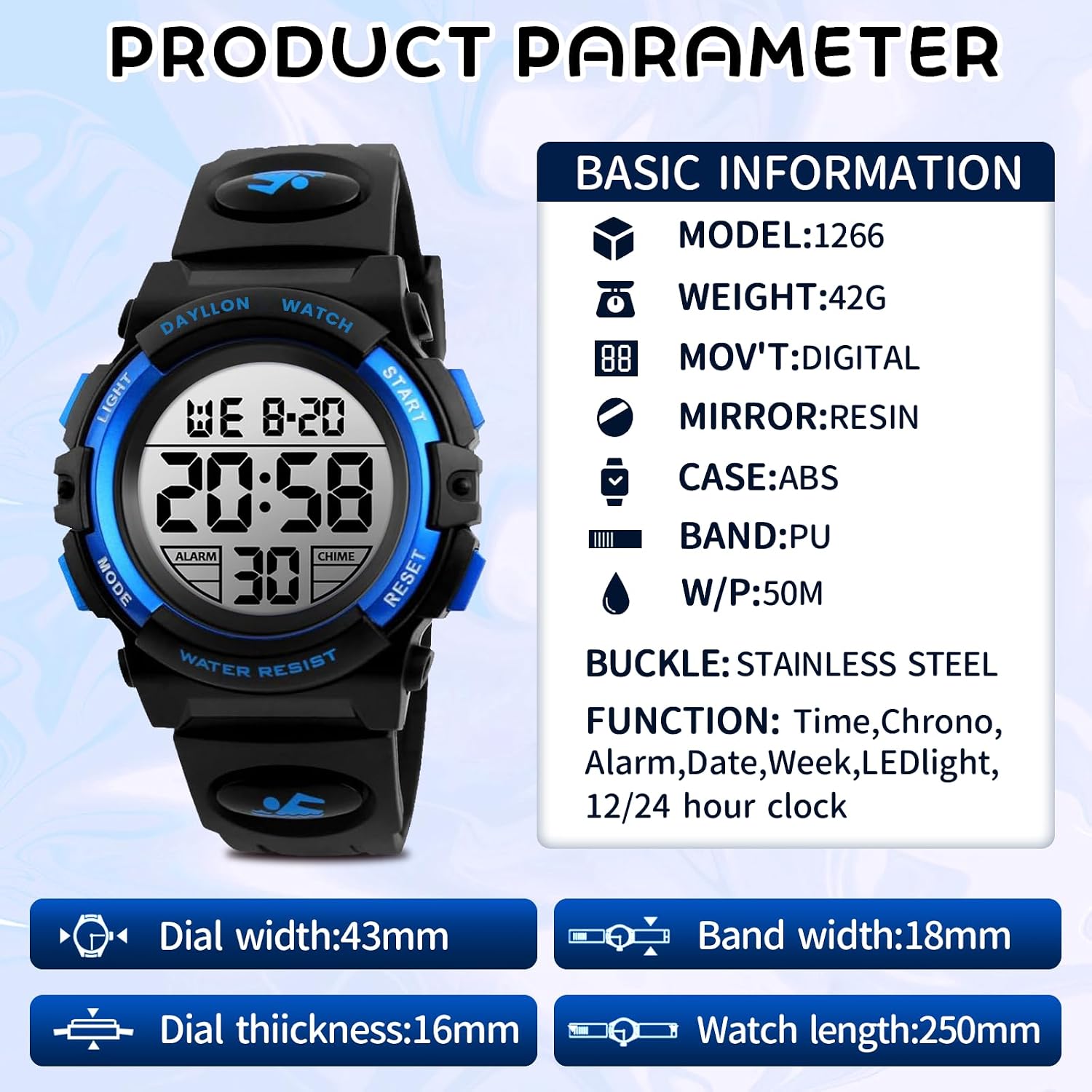 Dayllon Kids Digital Watch Boys Outdoor Sports 50M Waterproof Girls Watches Alarm Clock 12/24 H Stopwatch Calendar for Ages 3-15 Boy Girl Wristwatch Kids Gift,Blue 1266 XS