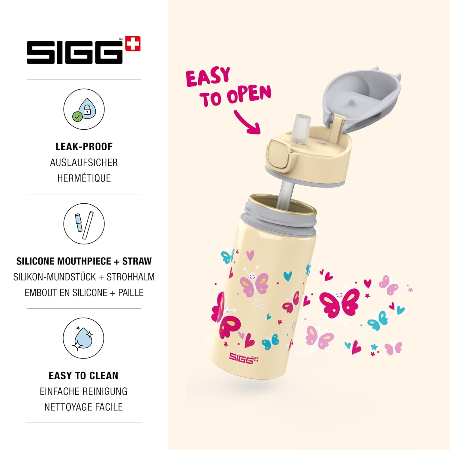 SIGG - Kids Miracle Water Bottle - Butterfly - Lightweight Aluminium with Leak-Proof Lid - One Hand Children's Drink Bottle - 13 Oz