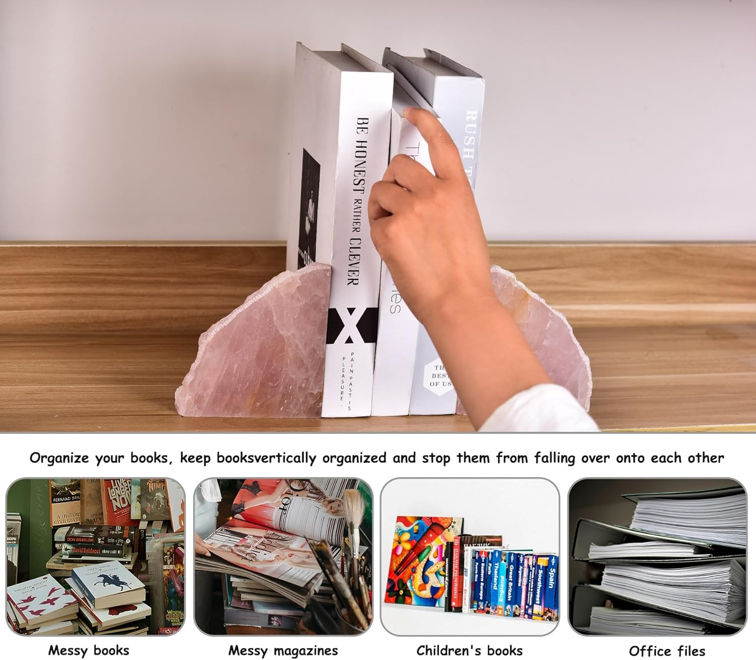 AMOYSTONE Rose Quartz Crystal Bookends for Kids - Compact Natural Stone Organizer with Non-Slip Base & Polished Finish (1 Pair, 2-3 LBS)