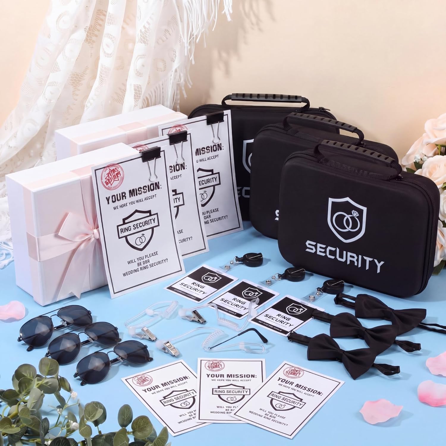 Mepase 7 Pcs Ring Wedding Bearer Security Set Include Ring Bearer Box ID Badge Holder Sunglass Acoustic Earpiece Tube Mission Card with Binder Clip Bow for Kids (Cloth Suitcase)
