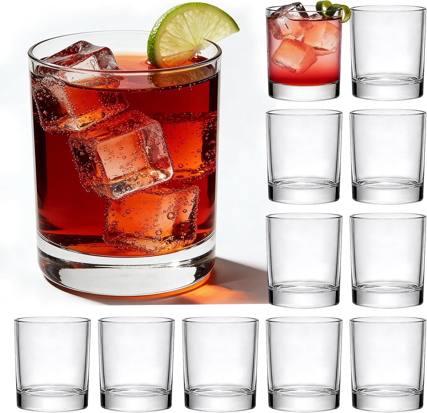 11oz Whiskey Glasses,Heavy Base Rocks Glasses Set of 12,Elegant Old Fashioned Glass Set for Bourbon,Cocktail,Whiskey,Oversized Ice Cubes,Bar