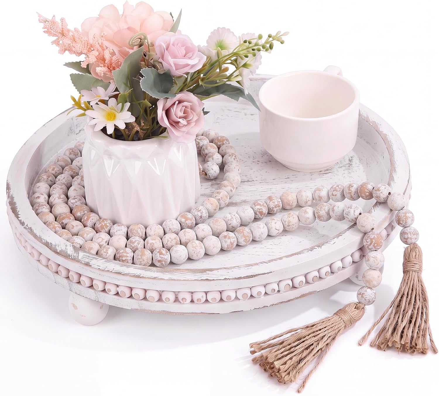 Mumufy 16" x 11.8" Oval Decorative Tray with 58" Bead Garland, White Washed