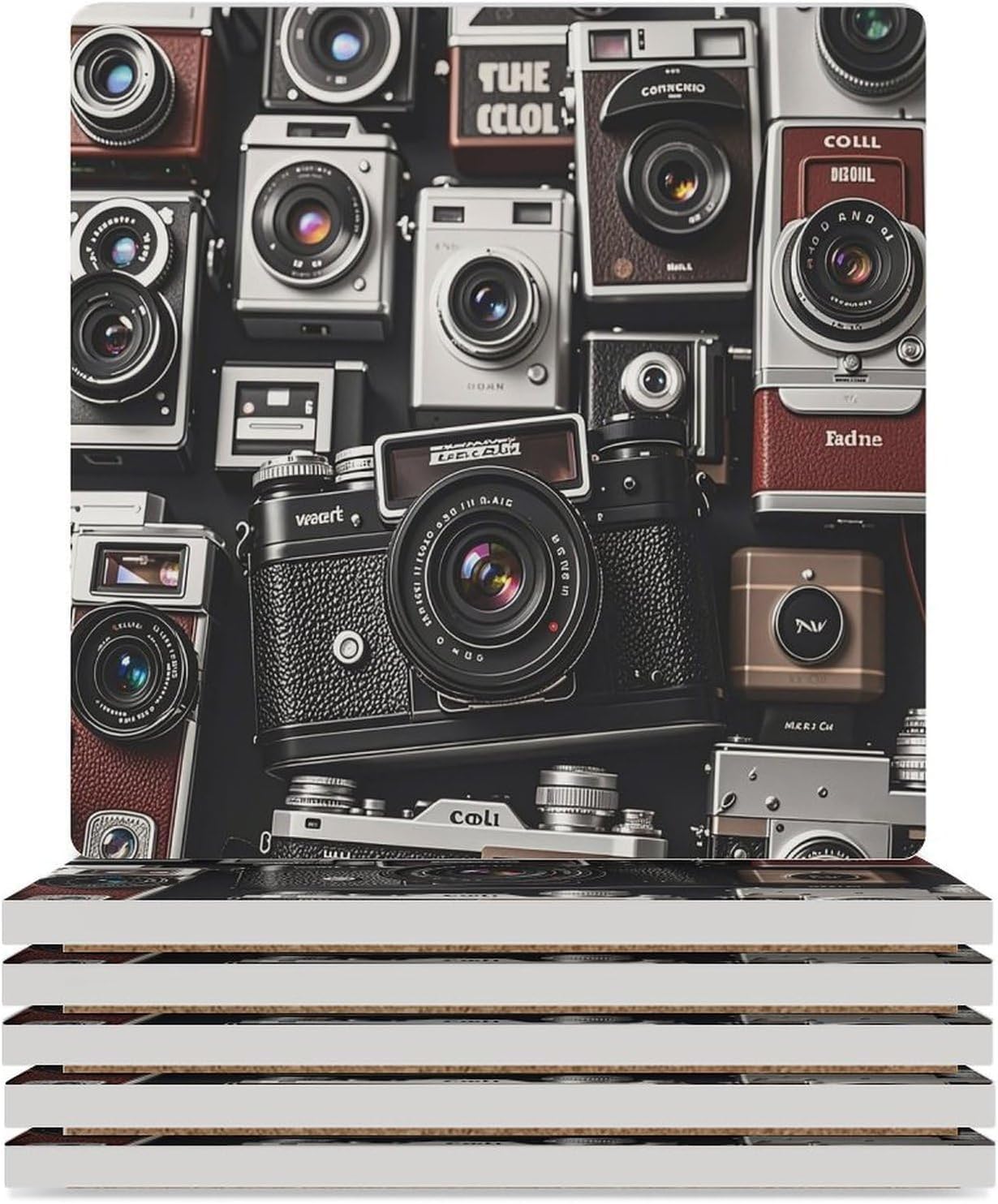 Retro Cool Camera Collection Coasters Absorbent Ceramic Coasters for Drinks Coaster with Cork Backing for Table Protection Square Drink Cup Mat Modern Style Coaster for Coffee Table