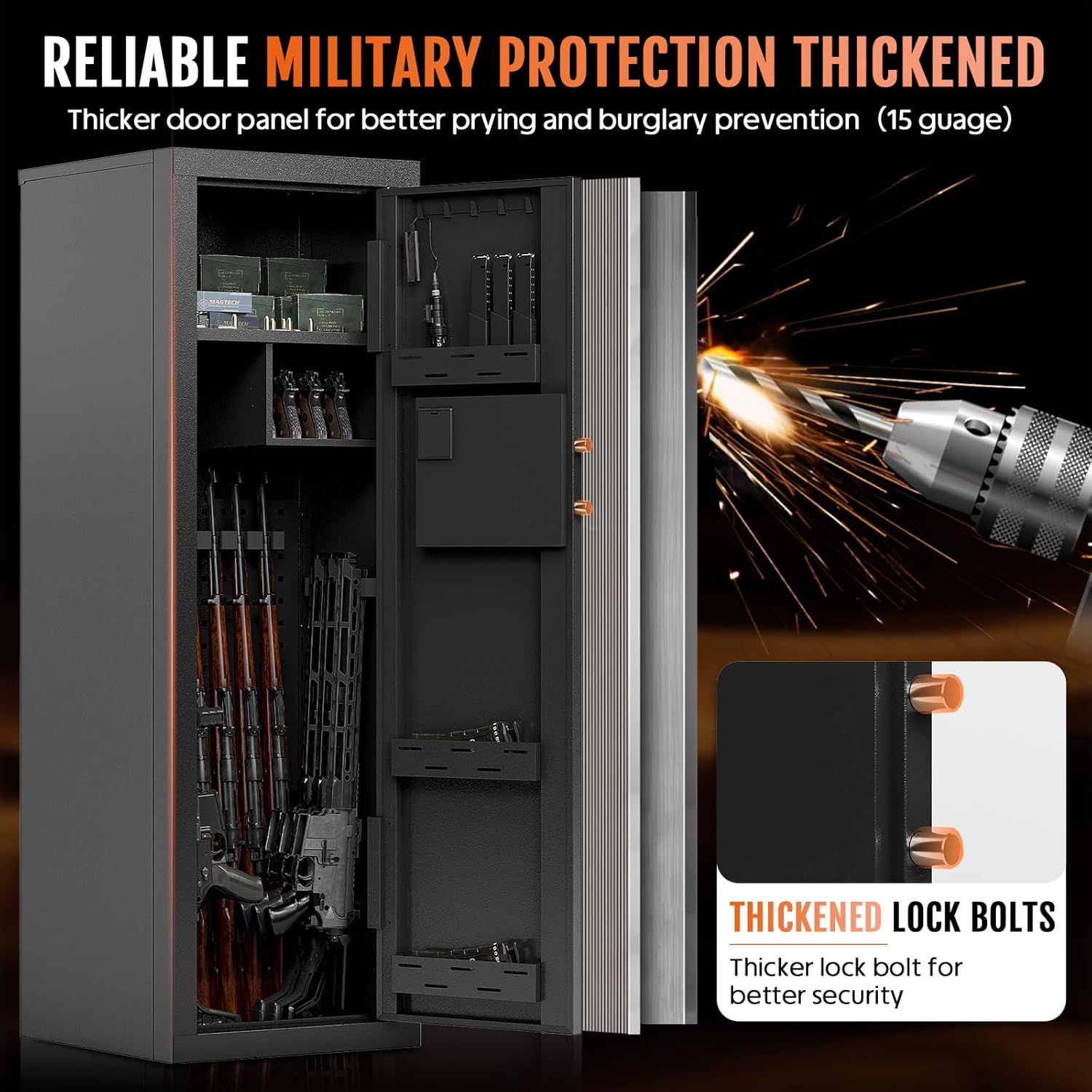 Thickened door panel and lock bolts for KAER gun safe