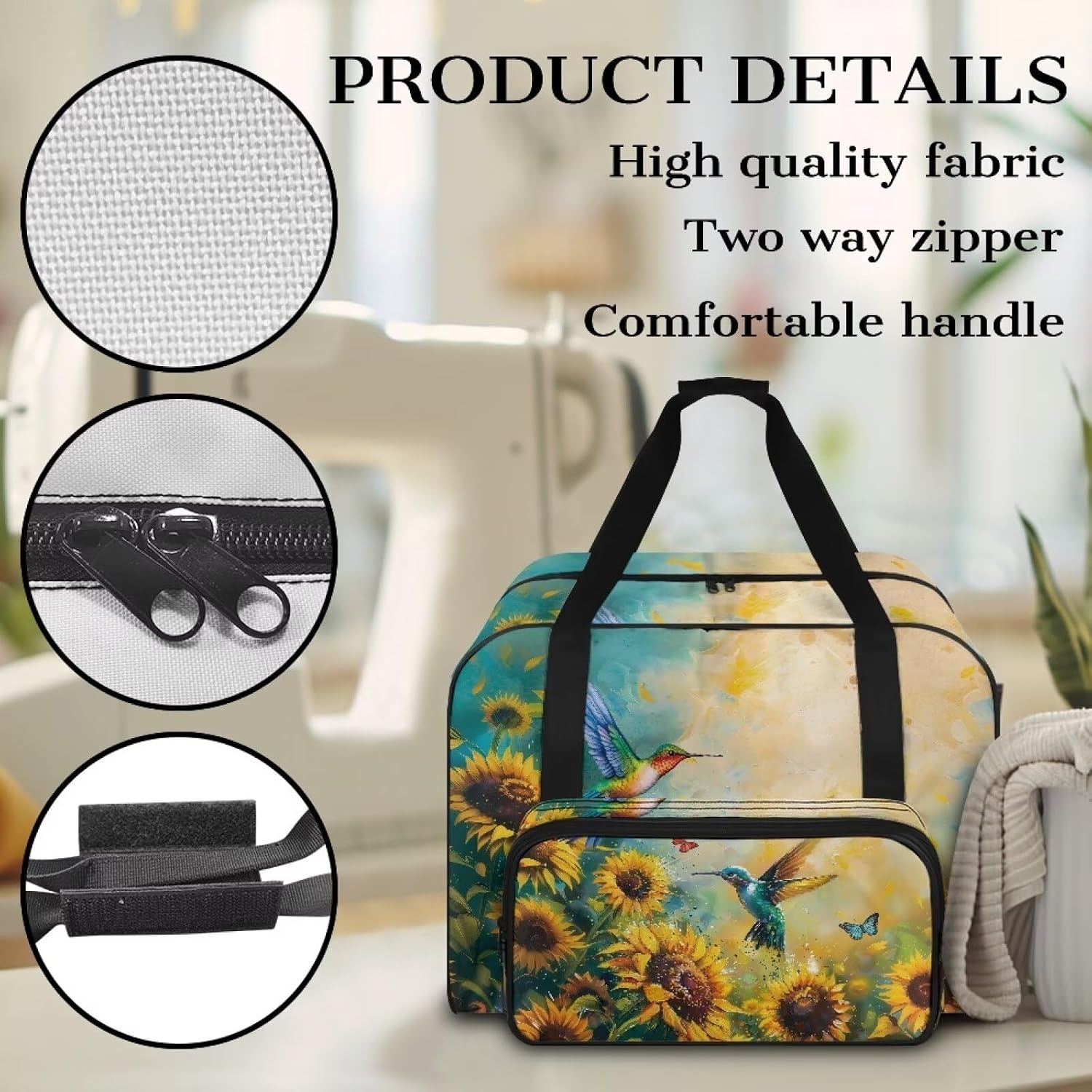 Sunflower Hummingbird Sewing Machine Carrying Case Portable Padded Sewing Machine Storage Bag Dust Cover with Pockets for Standard Sewing Machine (Bag Only)