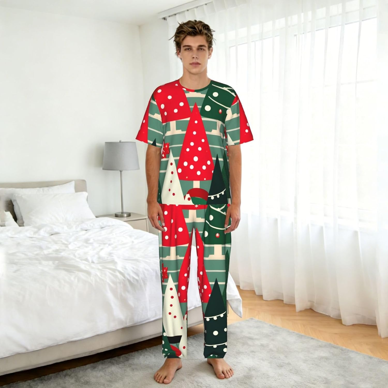 Men'S 2 Piece Loungewear Pajama Set Christmas Trees Print Short Sleeve Tee Top And Pants Set S-3xl
