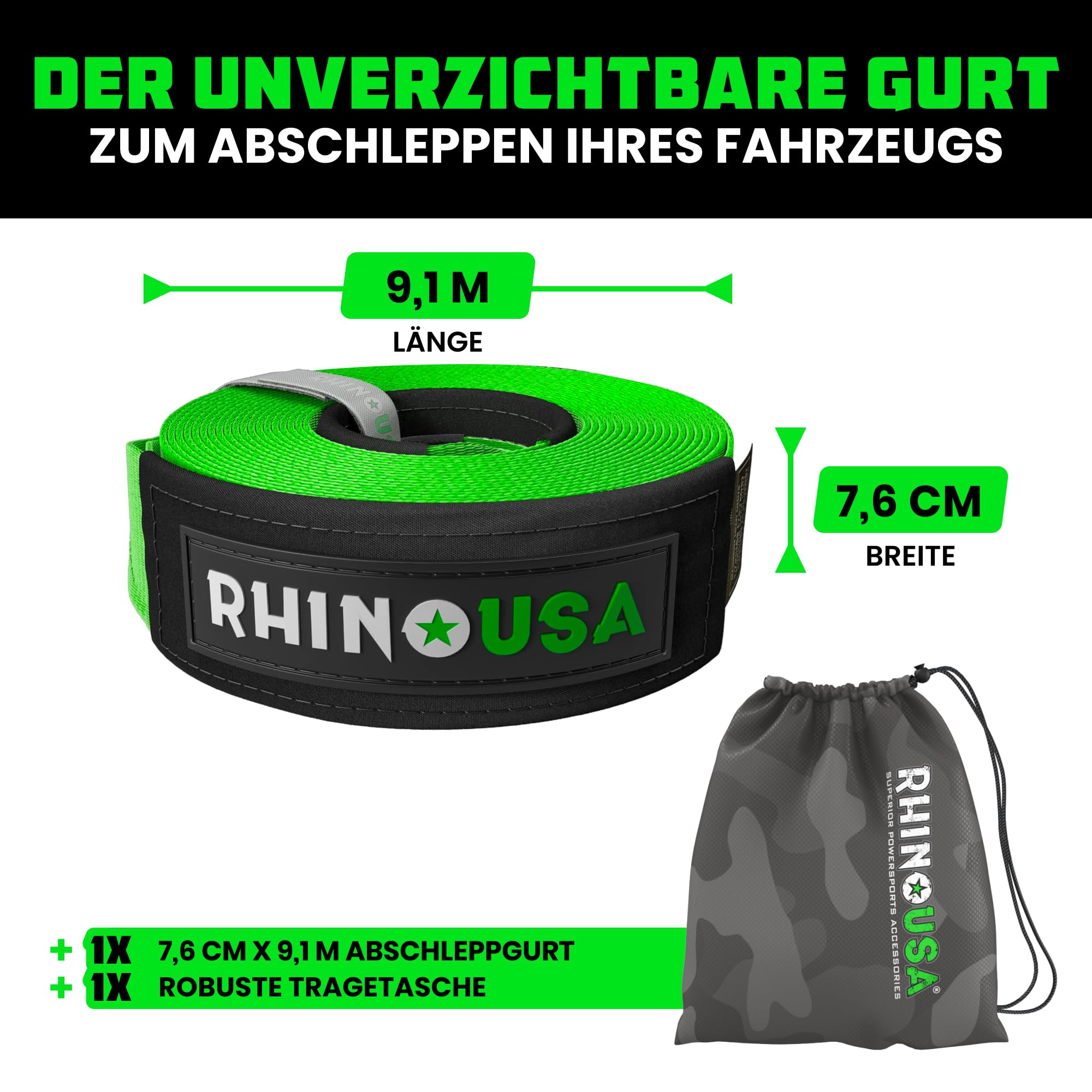 Rhino USA Abschleppgurt (7,6 cm x 9,1 m) - 13.600 kg Bruchfestigkeit - Notfall-Wiederherstellungsstrap für Truck, UTV, ATV - Abschleppseil - Schwerlast-Abschleppgurt für Offroad 4X4 Nutzung - Grün