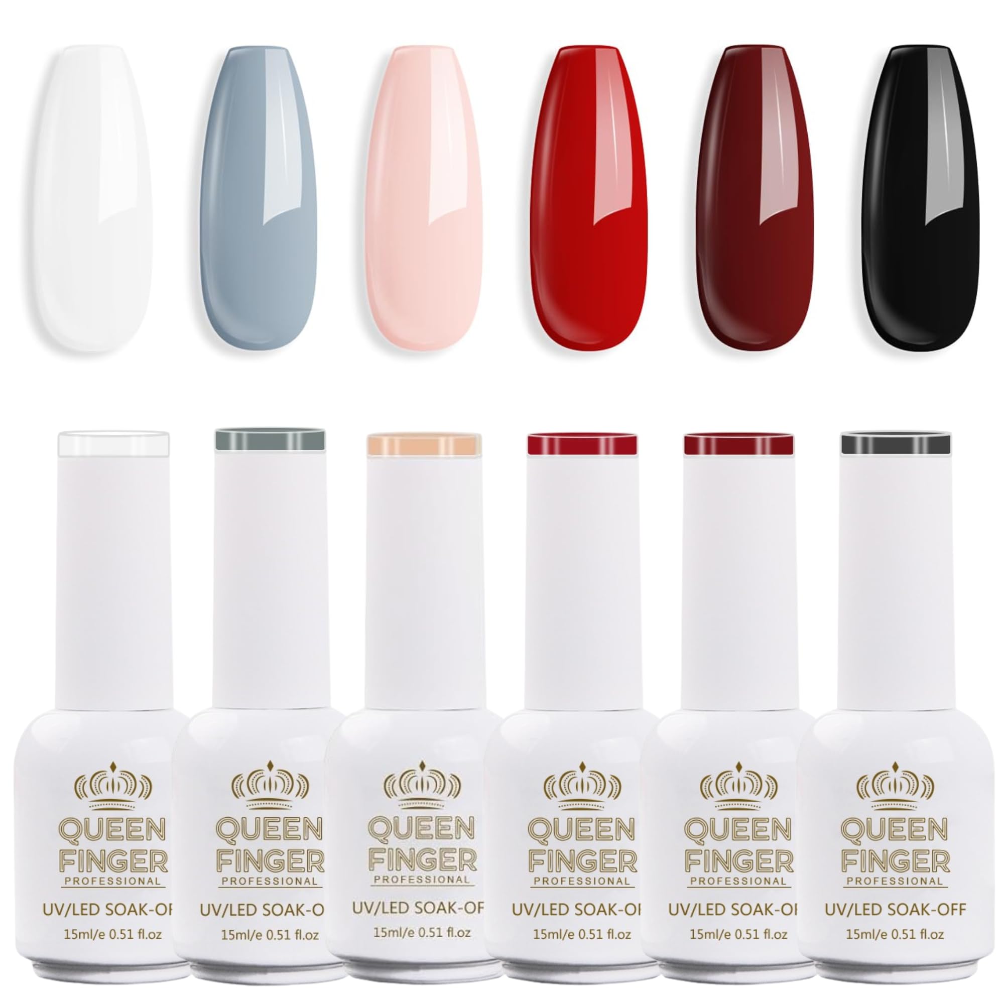QUEENFINGER Gel Nail Polish Set - 6 Colors Black White Nail Polish Set Nude Colors Nail Polish For All Seasons Neutral Soak Off LED Lamp Cured Manicure Kit For Nail Art (02,65,71,21,24,01) (Vintage Glamour, 6)-image-0