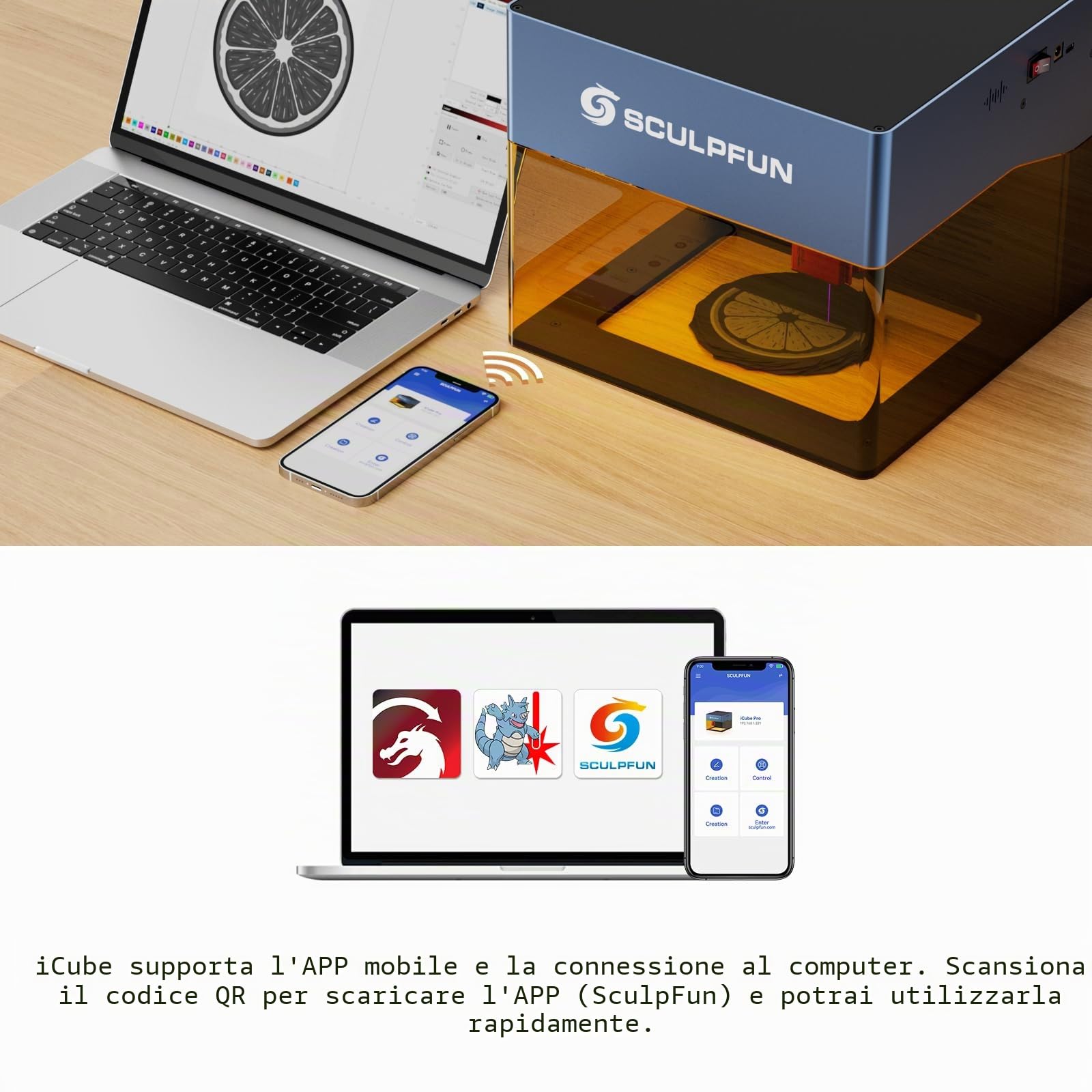 SCULPFUN iCube 3W Incisore laser, punto laser da 0,02 mm, velocità di incisione 10.000 mm/min, macchina per incisione laser con filtro antifumo, connessione app, 130 x 130 mm