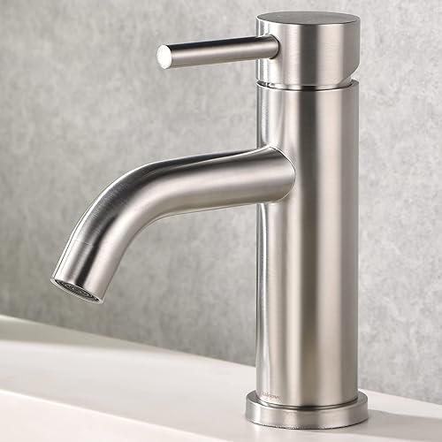 Rainovo Grifo de baño de níquel cepillado, grifo de lavabo de baño de un solo agujero, acero inoxidable, moderno grifo de tocador de una sola