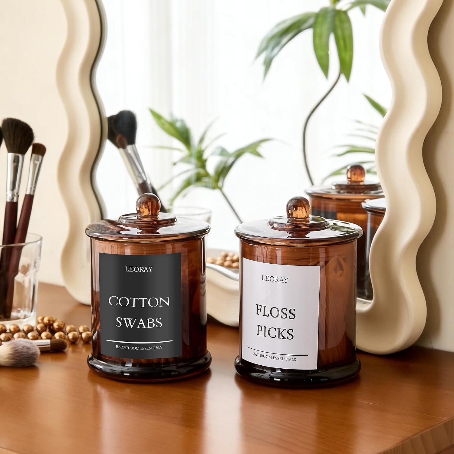 LEORAY 2 Pack Glass Qtip Holder Dispenser with Lids, Airtight Waterproof, 16 Oz Vanity Organizer Bathroom Canisters for Cotton Swabs, Balls, Pads, Floss Picks, Restroom Kitchen Storage Jars, Amber