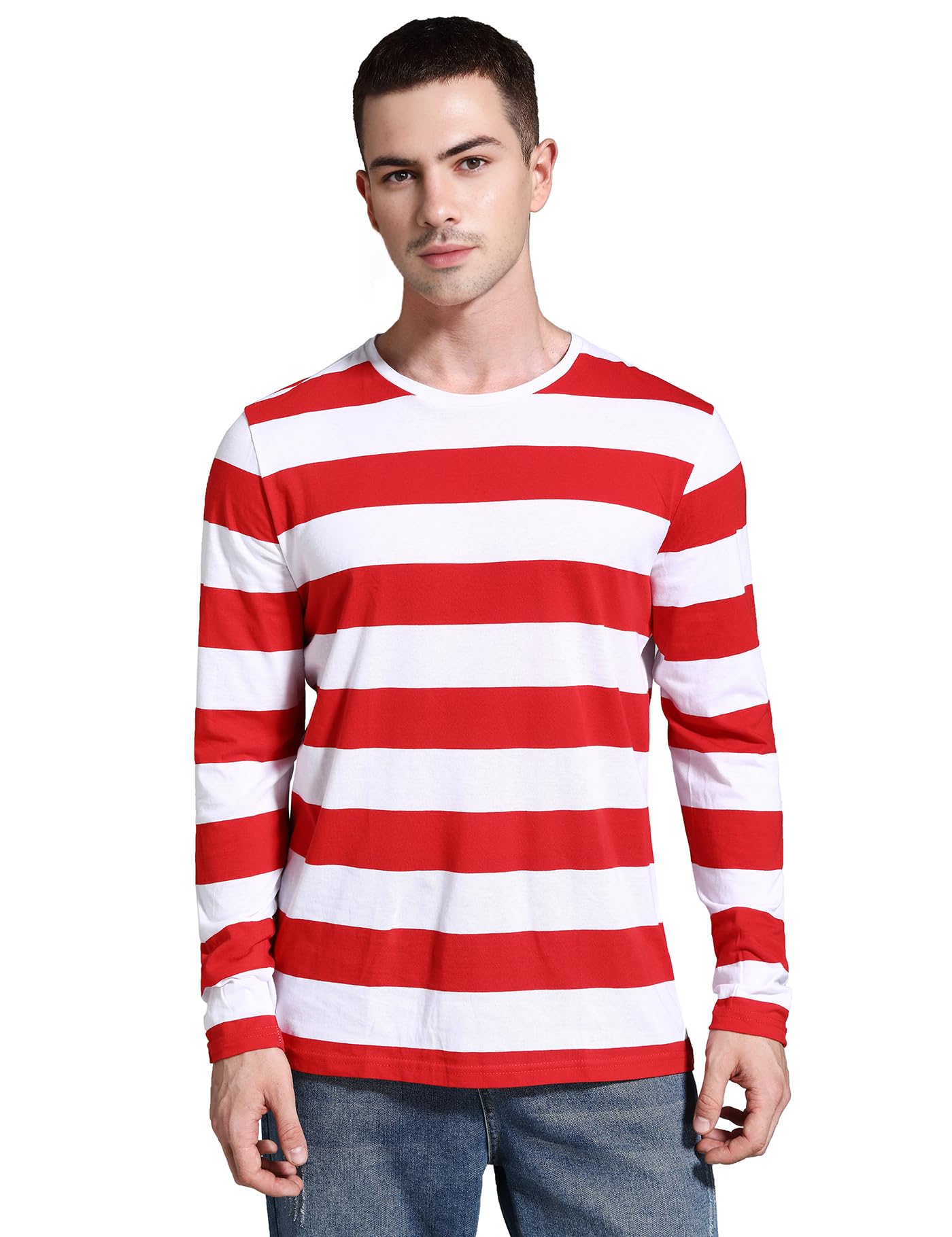 Mens Striped Shirt Wide Stripes Long Sleeve Crew Neck Tees Tops Casual - Red - Small