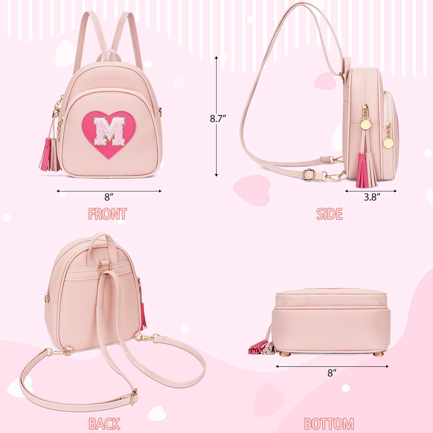 Girls Initial Mini Backpack Gifts for Kid Toddler Little Girl Teen Small Cute Heart Backpack Purse Preschool Kindergarten Bookbag,Pink-M - Image 6