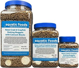Aquatic Foods Inc. Crab & Crayfish 4mm Sinking 40% Protein Nuggets. with Additional Separate Calcium Feeder Shells. Ideal for All Crab, Crayfish and Bottom Tropical Fish…10oz Jar