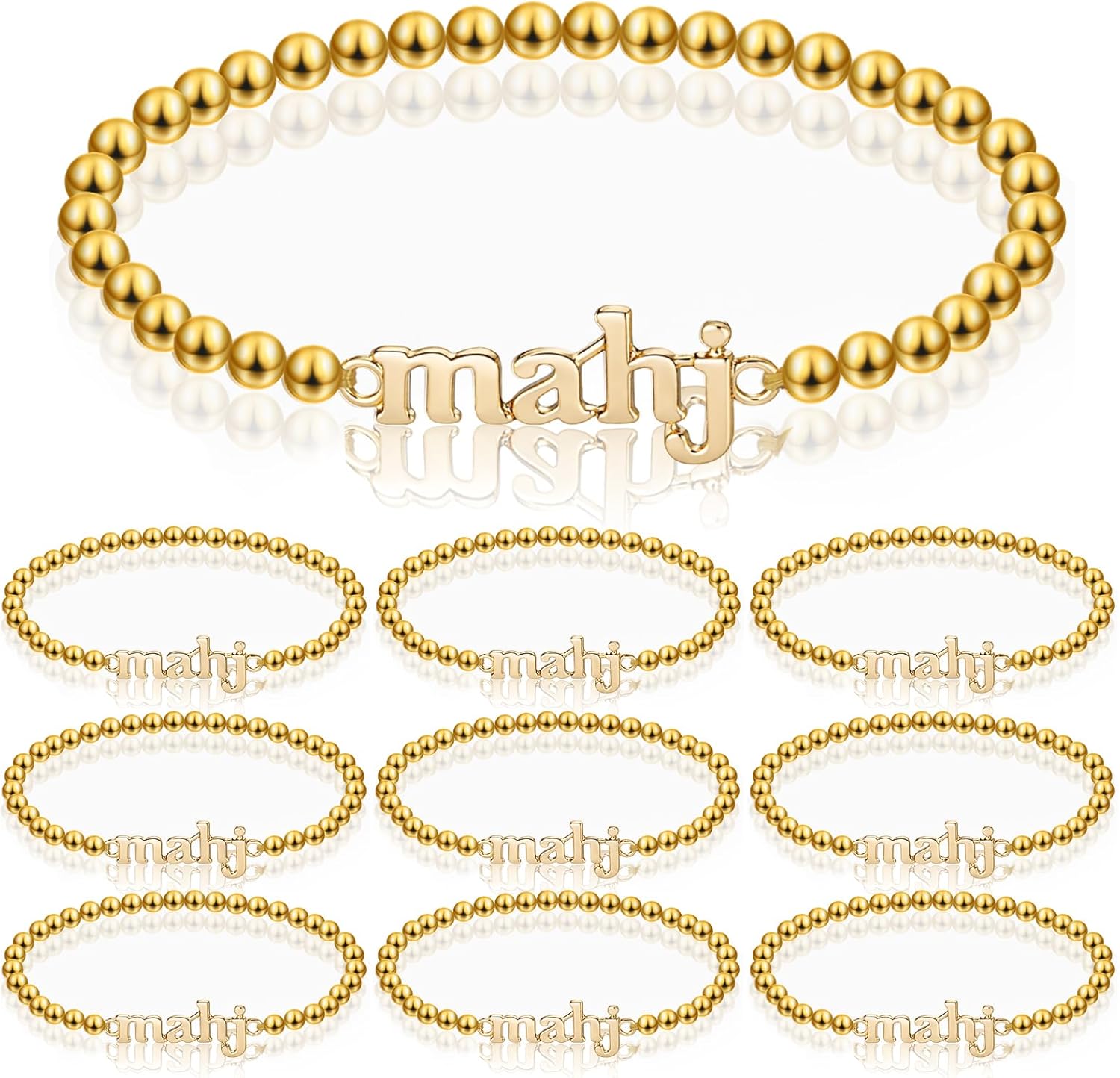 Kenning 10 Piece Gold Beaded Mahjong Bracelets Bulk Stretch Mahj Letter Charm Bracelet Set for Women Mahjong Lovers Mah Jong Game Night Party Favors Friendship Jewelry Gifts