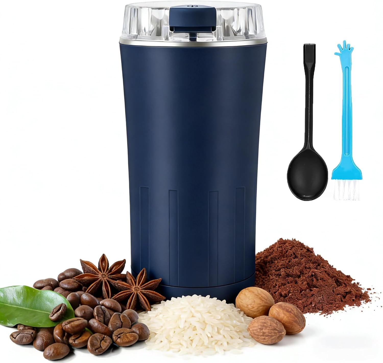Electric Coffee Grinder, Coffee Bean and Spice Grinder, 8.8 oz Capacity, 300W Motor, 8 Heavy-Duty Stainless Steel Grind Blades for Coffee Beans, Grain, Herb and Nuts, with Spoon & Clean Brush (BLUE)