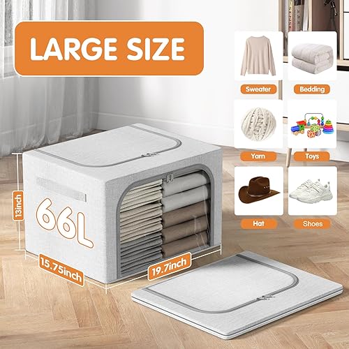 Miniatura 2 de Paquete de 3 cubos de almacenamiento de ropa de tamaño grande de 66 L con marco de metal, caja de almacenamiento de lino apilable y plegable con