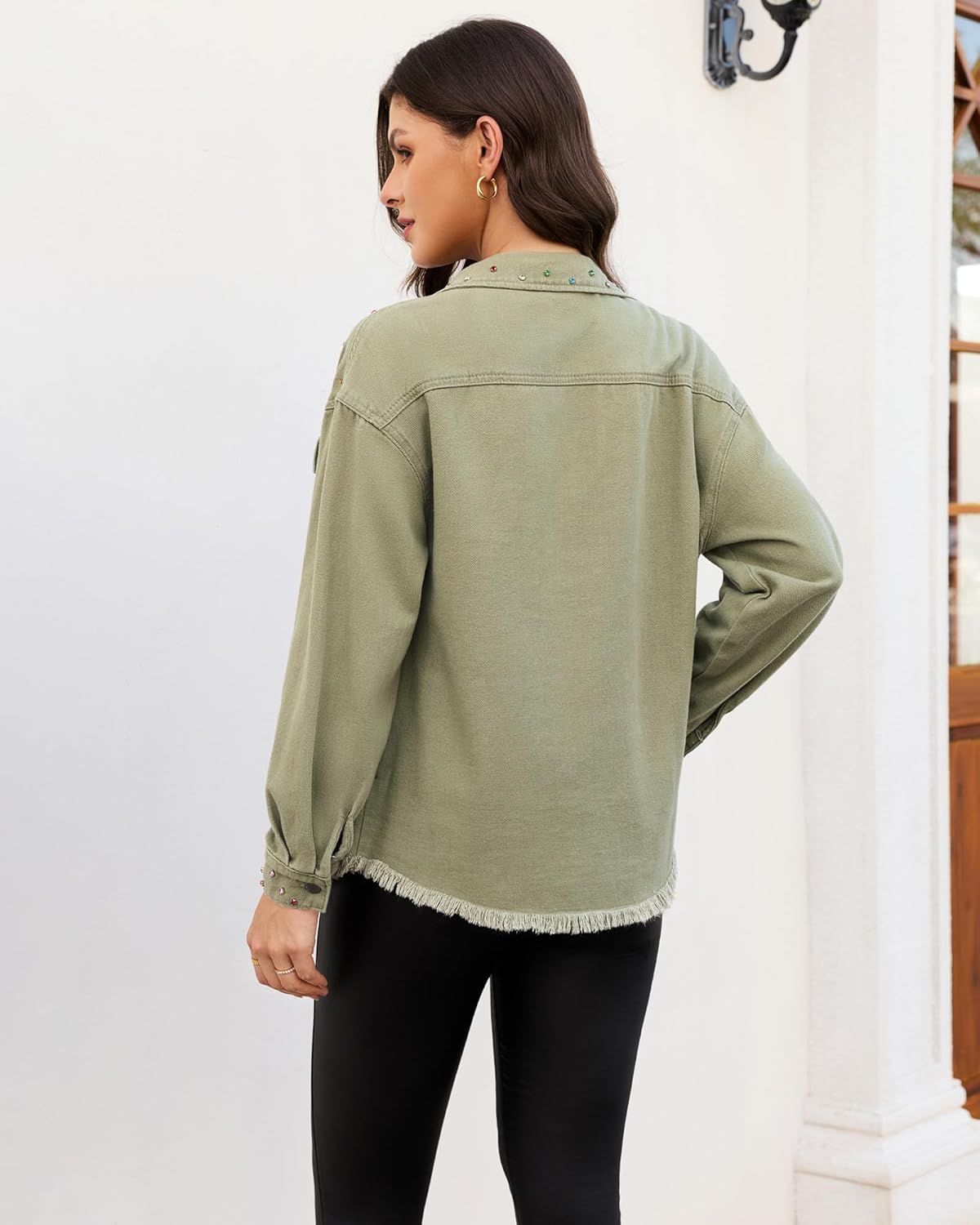 luvamia Jean Jacket Women Trendy Rhinestones Pearls Embellished Sparkly Frayed Hem Oversized Denim Jackets with Pockets - Image 3