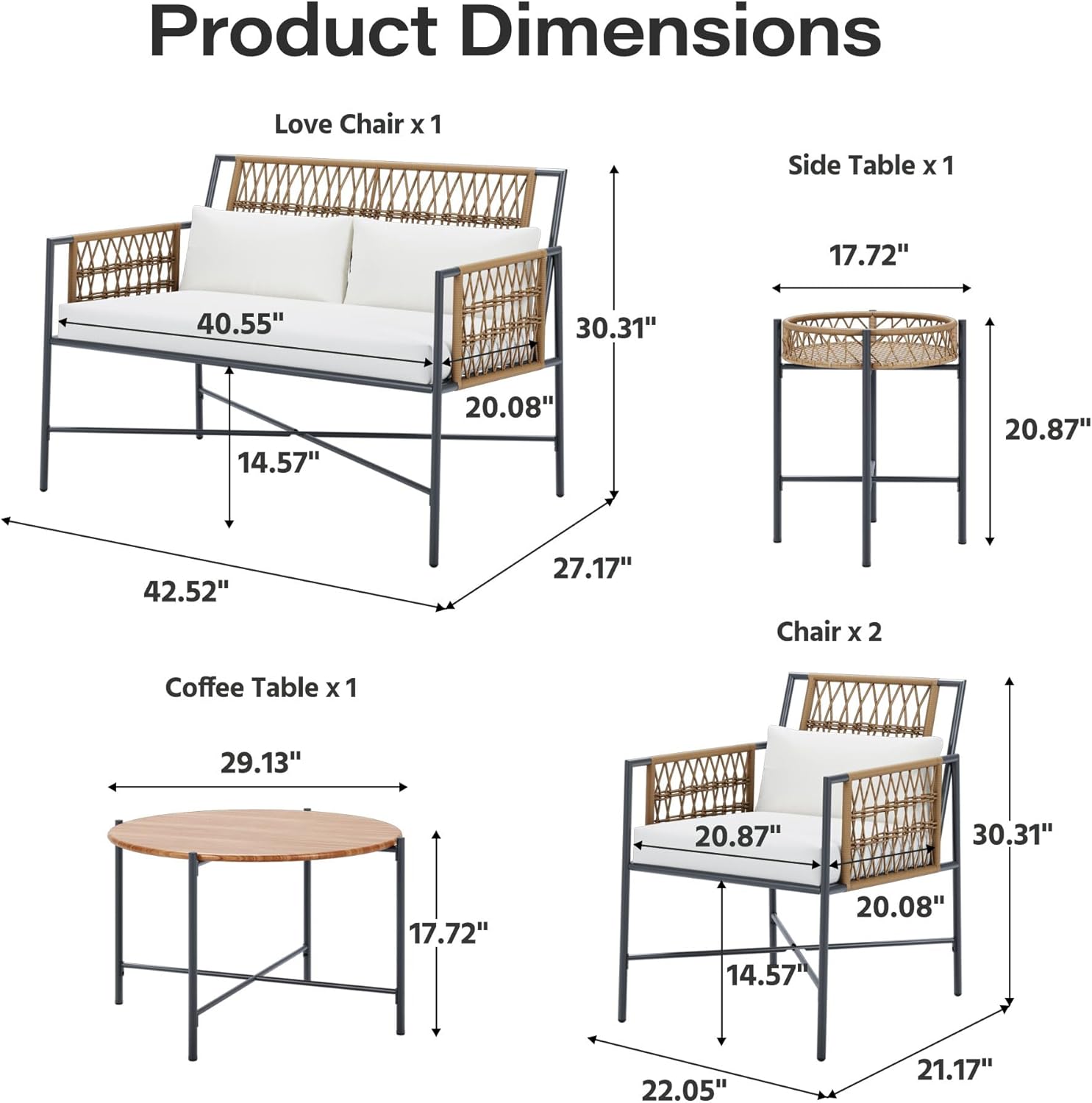 LAUSAINT HOME 5 Piece Patio Furniture Set, Outdoor Wicker Conversation Set with 2 PE Rattan Armchairs, 1 Loveseat with Cushions, Coffee Table & Side Table for Porch, Balcony, Garden, Poolside, Beige