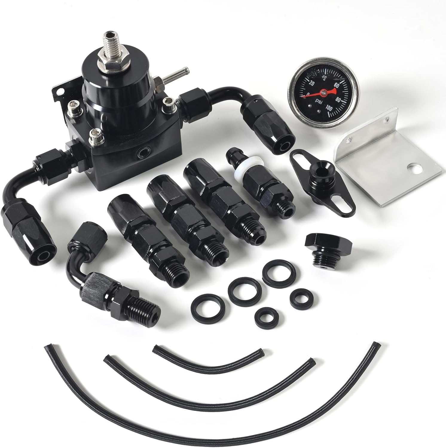 0-100Psi Gauge EFI Fuel Pressure Regulator,6AN Fittings and PTFE Braided Hose with Fuel Regulator,Fuel Pressure Regulator Kit Compatible with Gasoline, E85, Ethanol & Methanol Fuels