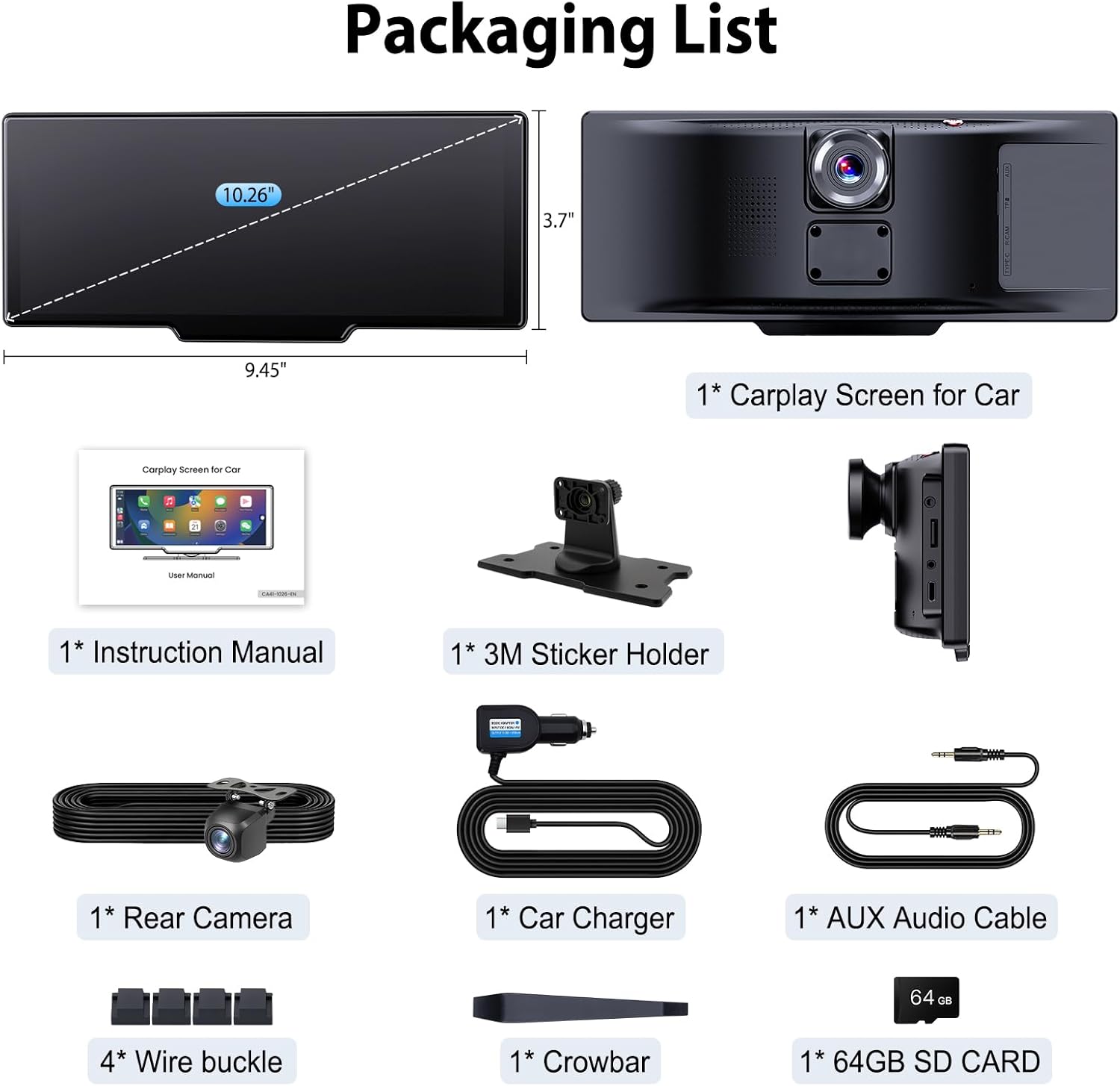 10.26" Portable Wireless CarPlay Screen for Car, Carplay & Android Auto Touchscreen with 4K Dash Cam, 1080P Backup Camera, 64GB SD Card, Apple Carplay Screen with GPS, Airplay, Mirror Link