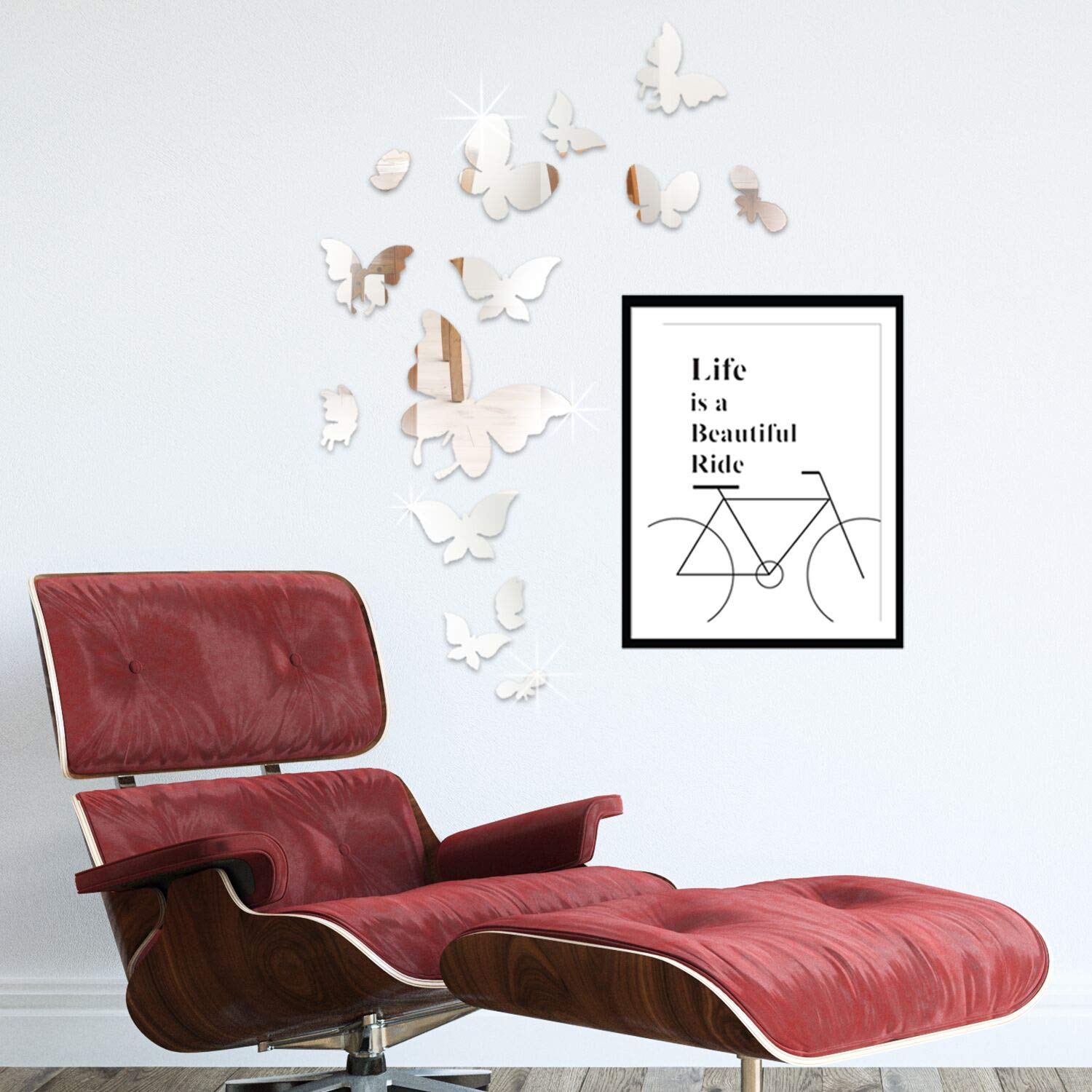 Walplus 58 x 80 cm "Bicycle Quote + 14 Mirror Butterflies Wall Art" Removable Wall Stickers Frame Sticker Office Home Decoration