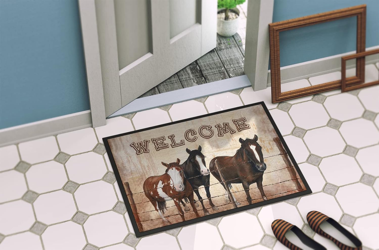Caroline's Treasures SB3059JMAT Welcome Mat with Horses Doormat 24x36 Front Door Mat Indoor Outdoor Rugs for Entryway, Non Slip Washable Low Pile, 24H X 36W