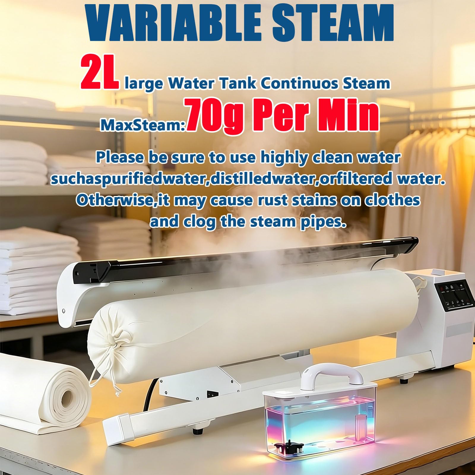 Gewerbliche Dampfbügelmaschine mit Rollenbügelwalze, 90 cm Rollenbügelwalze mit Touchscreen, Fußpedal, Dauerdampf (70 g/min), 2-Liter-Tank, 2,5 m/min Geschwindigkeit, für Hotelwäsche und Wäschereien