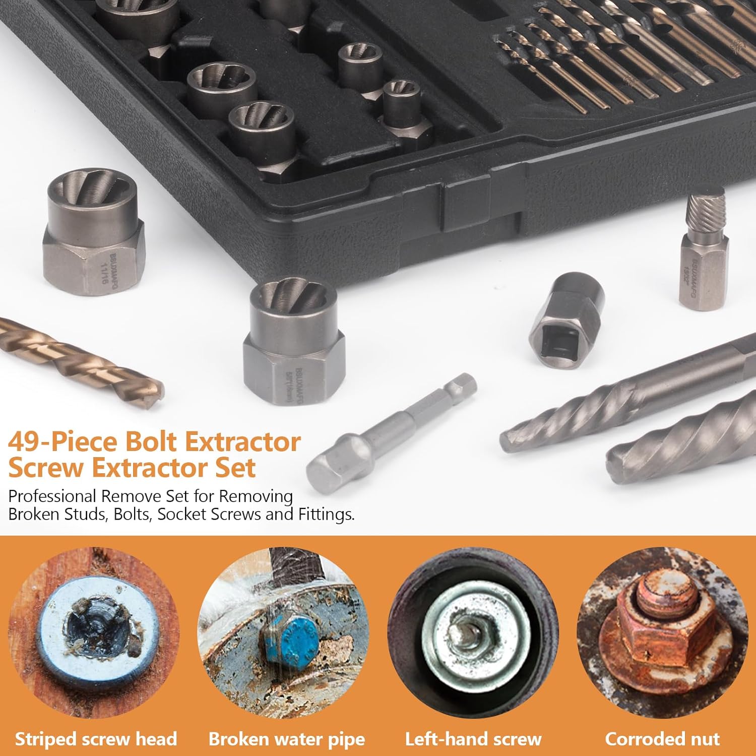 49PCS Screw & Bolt Extractor Set with Left Hand Drill Bit Set, Multi-Spline Easy Out Broken Bolt Remover Tools for Damaged Stripped Rounded-Off Bolts, Socket Screws, Nuts, Studs, and Fittings