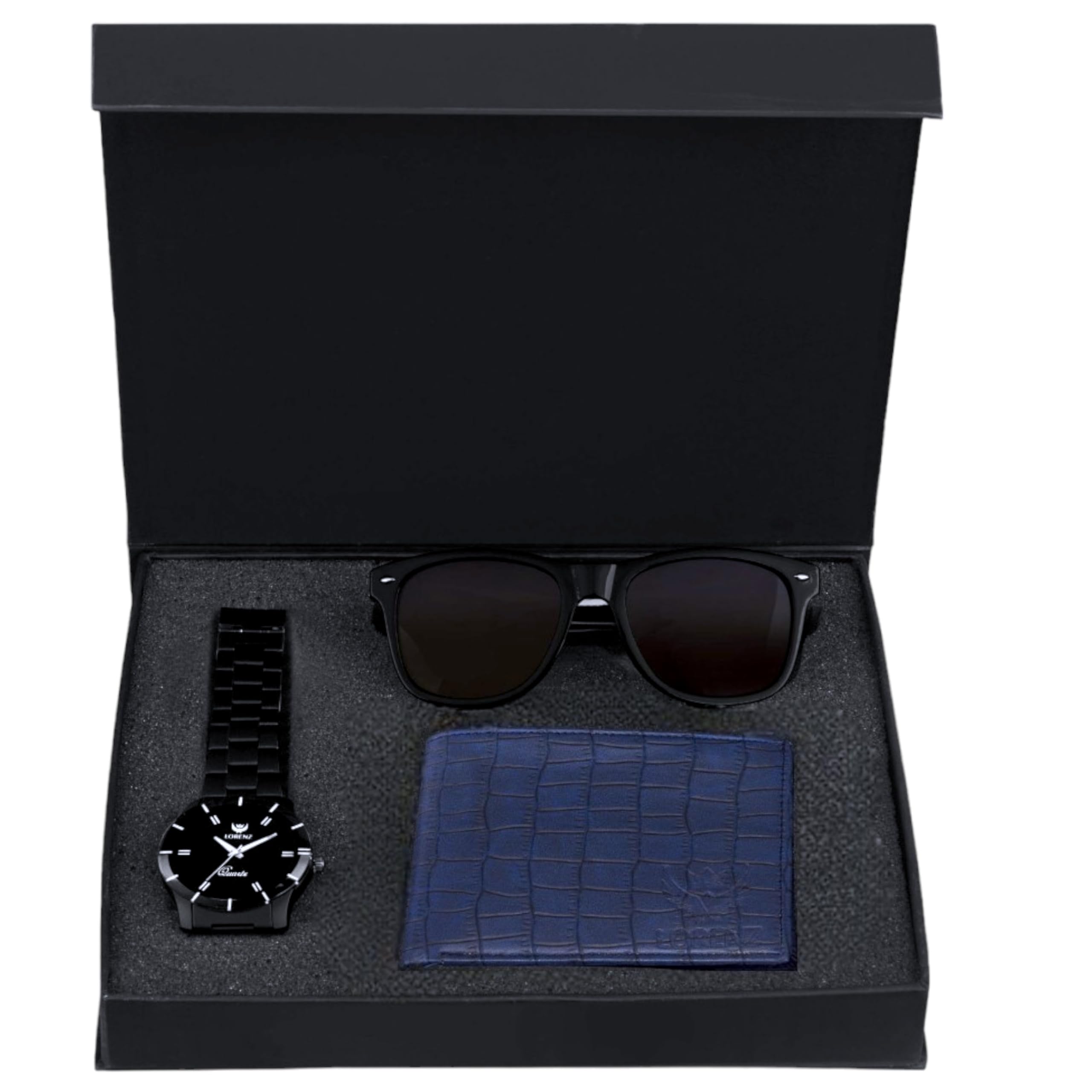 LORENZ Stylish Combo of Mens Black Analogue Watch, Blue Wallet and Mercury Round Sunglasses (B07MW7BPF1) Amazon Price History, Amazon Price Tracker