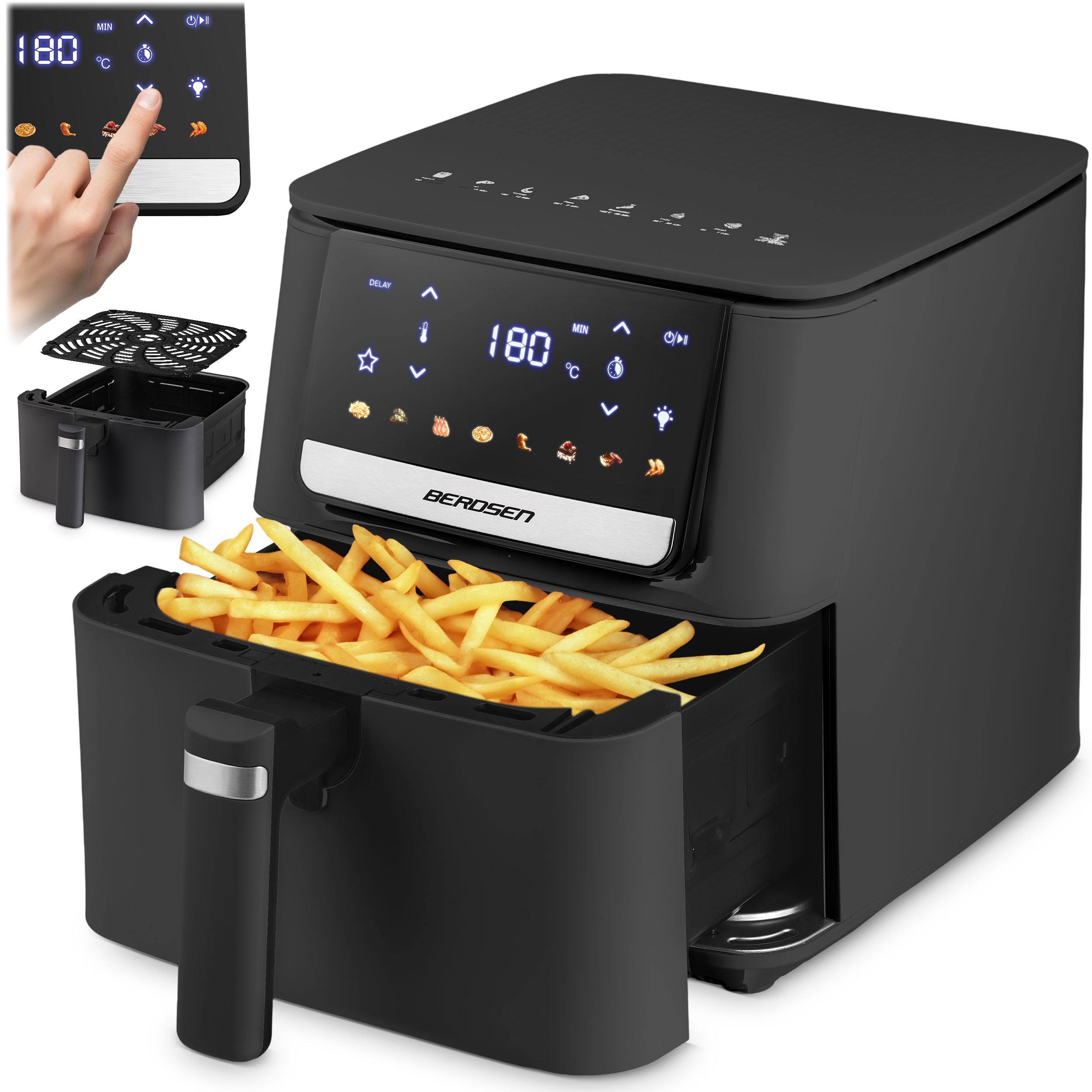Berdsen Frytkownica Beztłuszczowa Airfryer - 1700 W 6,5 l - Frytkownica na Gorące Powietrze - 8 Programów - Ekran Dotykowy - Czarna