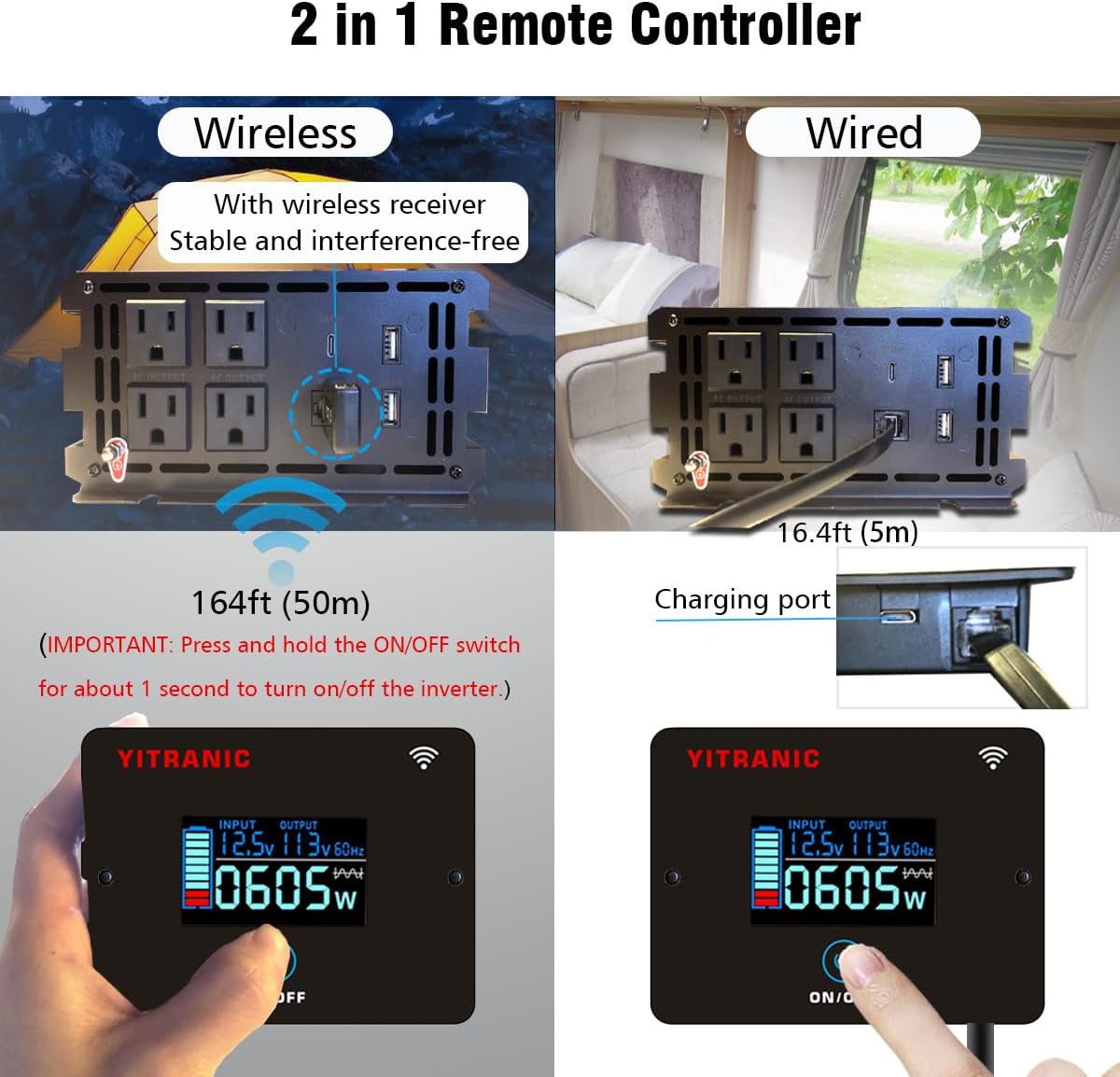 YITRANIC remote controller showing wireless operation with receiver and wired connection via cable.