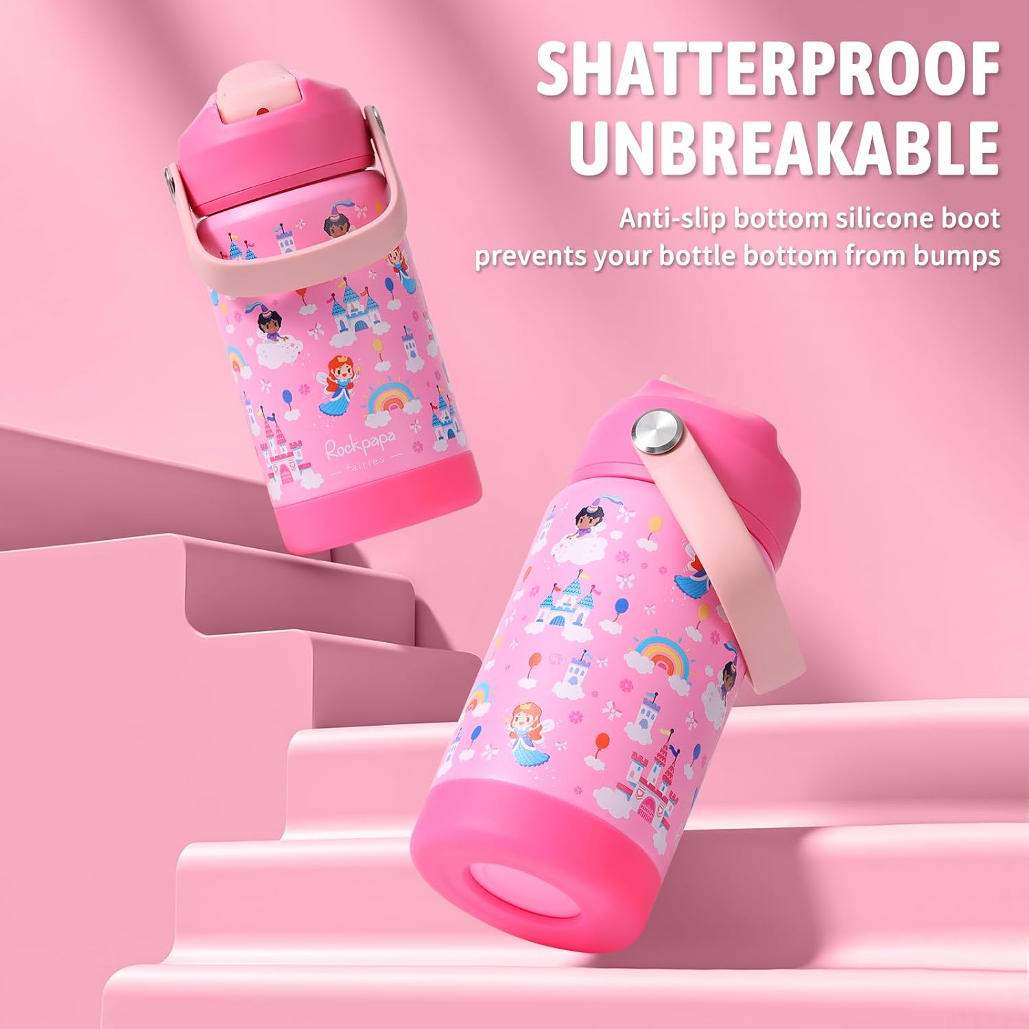 rockpapa 14 oz Kids Insulated Water Bottle,Stainless Steel Toddler Cups with Straws, BPA Free, Leak-Proof, Kids Water Bottle for School Boys& Girls (Pink Fairies) - Image 5