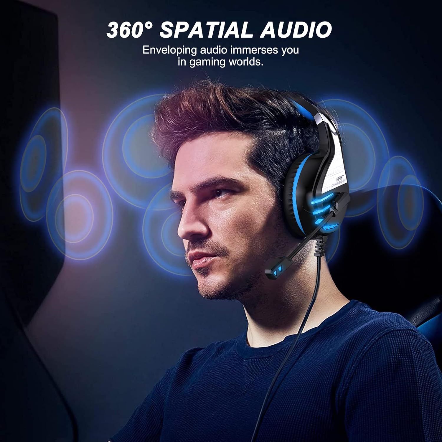 NPET HS10 Stereo Gaming Headset for PS4 PC Xbox One PS5 Controller, Noise Cancelling Over Ear Headphones with Mic,LED Light, Bass Surround, Soft Memory Earmuffs for Laptop Mac Nintendo NES Games Blue