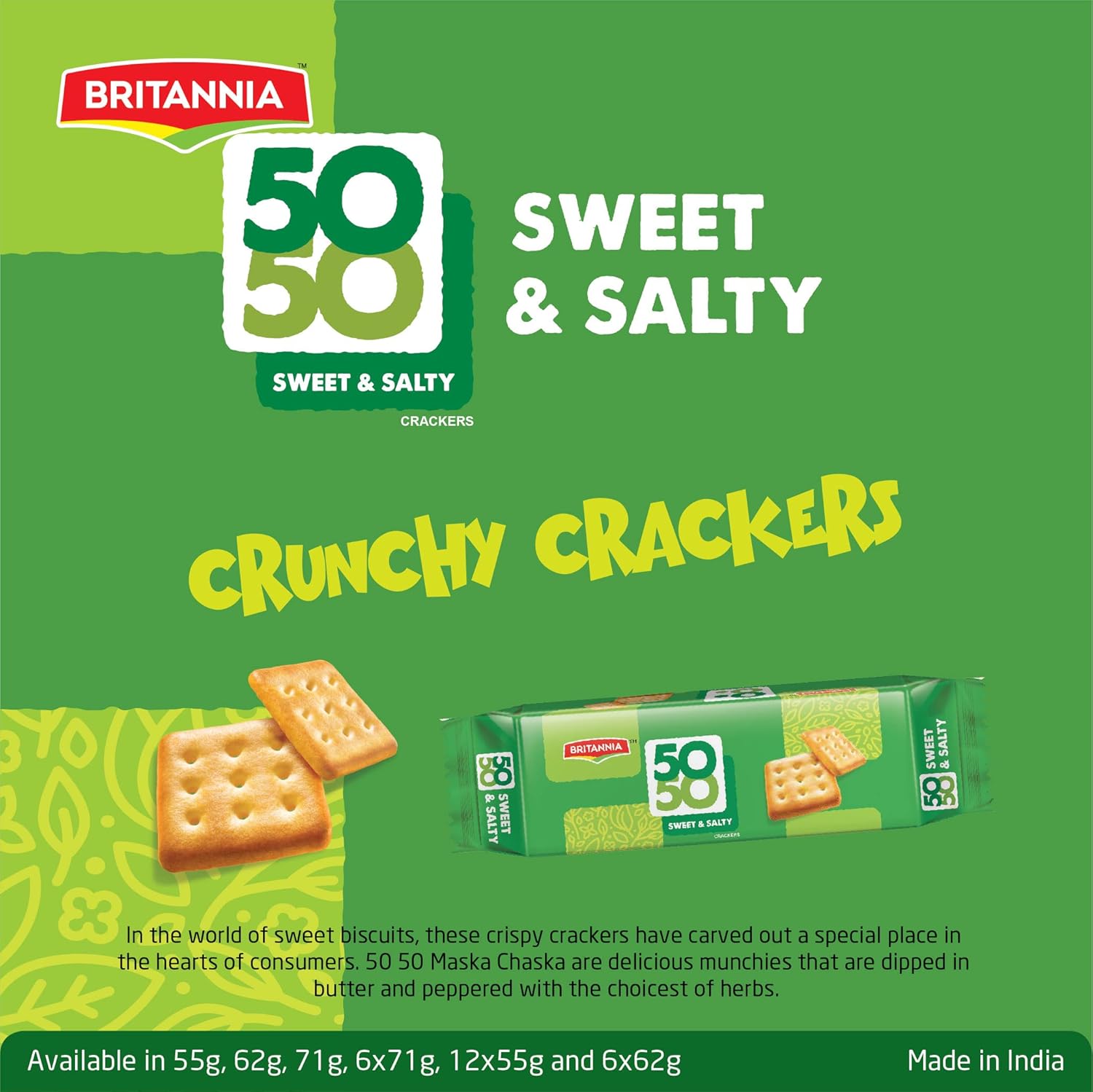 Britannia Crackers 50 50 Sweet and Salty Biscuit 13.12oz (372g) - Delicious, Light & Crispy Grocery Cookies - Best Treat for Friends & Family (Pack of 12)