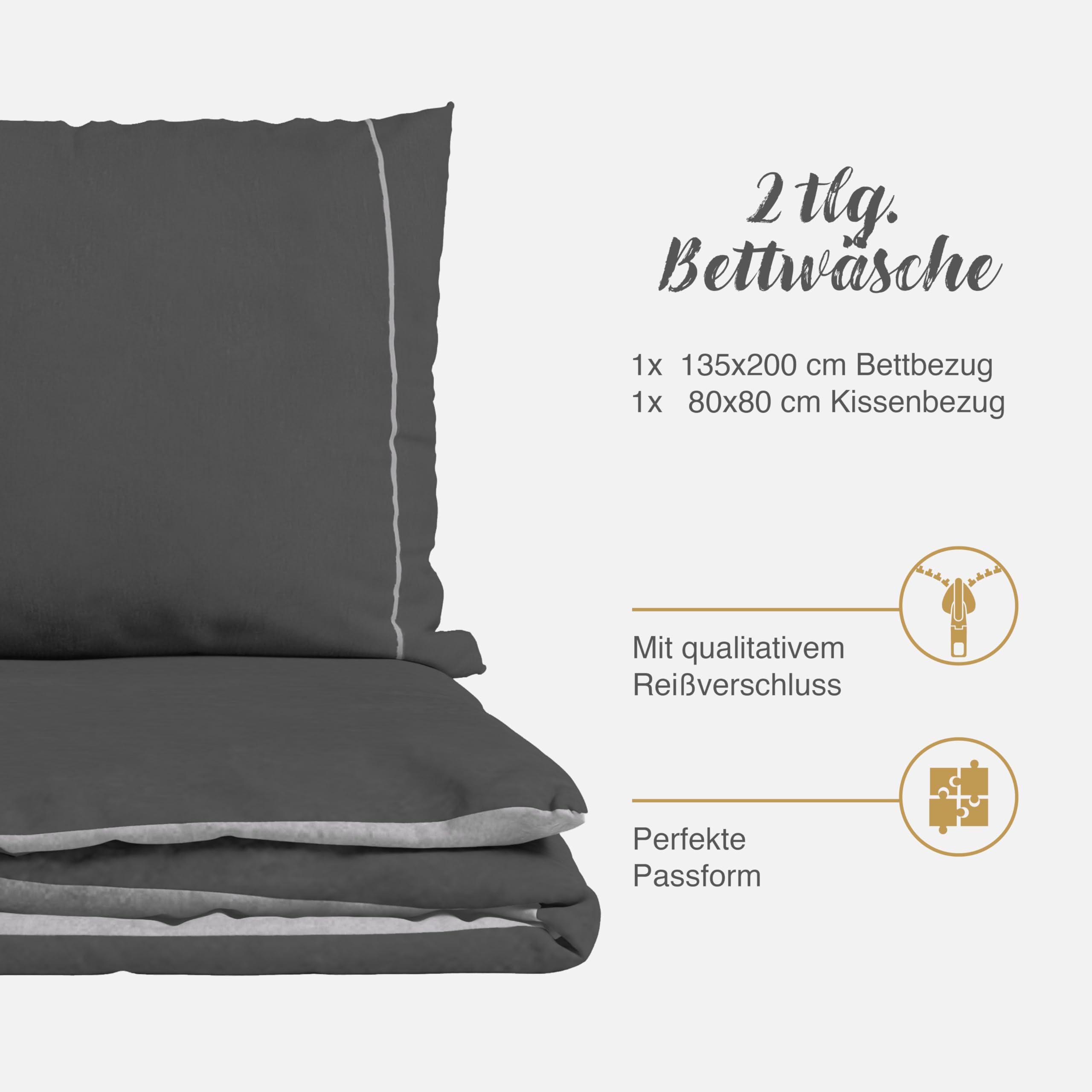 Sufdari Biancheria da letto 135 x 200 cm, in cotone grigio, 100% cotone, traspirante, set copripiumino con 1 federa 80 x 80 cm, 1 copripiumino con