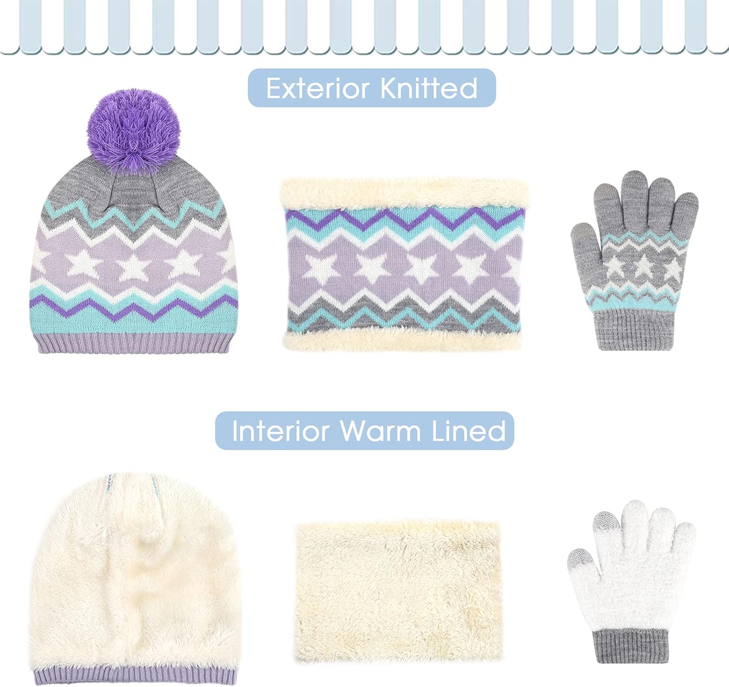 Kids Toddlers Winter Knit Warm Beanie Hat Scarf Gloves Set for Boys Girls Age 2-7, Pompom Cap Neck Warmer Gloves Fleece Lined - Image 3