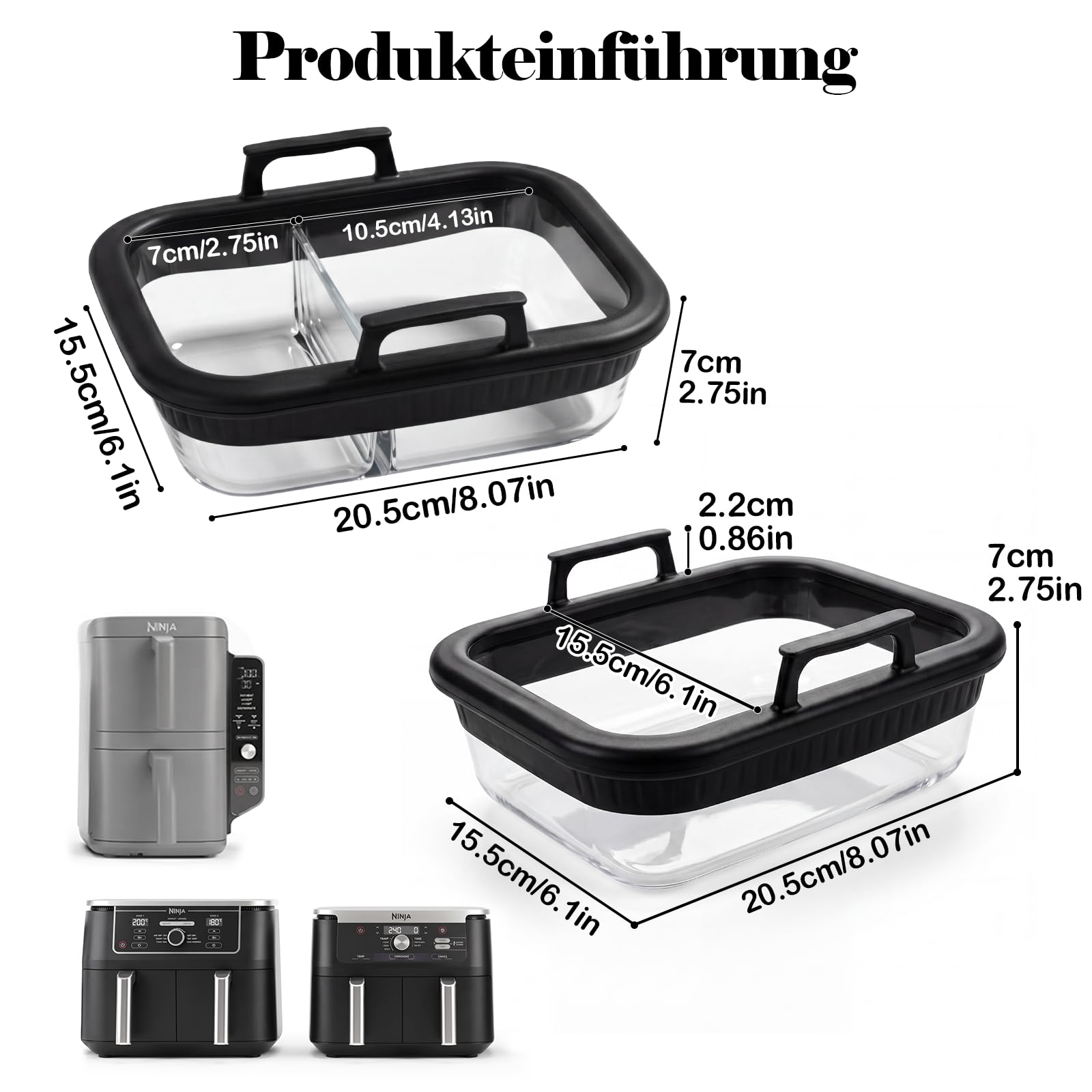 2 Pezzi Teglia Vetro da Forno per Friggitrice ad Aria Ninja AF400EU/AF500EU/SL400EU COSORI a 2 scomparti, Teglia in Vetro con manici in silicone, accessori in vetro, senza BPA, resistenti al calore